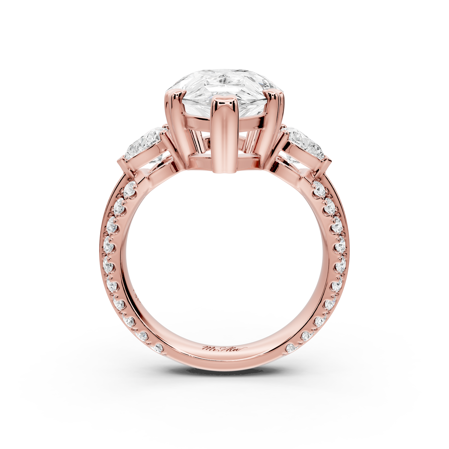 Elinor - 5ct 14k rose gold pear diamond Double talon prongs with two heart side stones and rollover pavé engagement ring