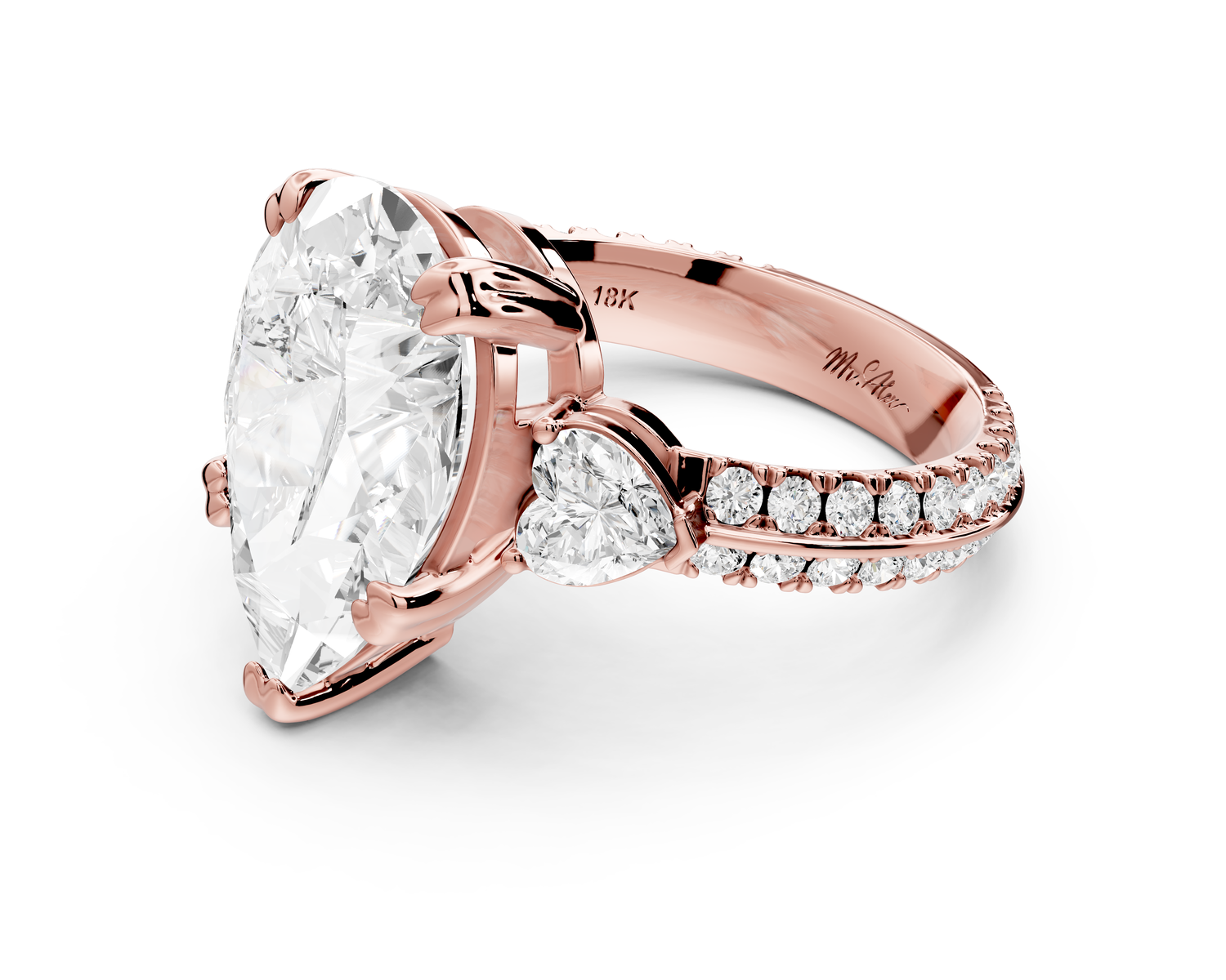 Elinor - 5ct 14k rose gold pear diamond Double talon prongs with two heart side stones and rollover pavé engagement ring