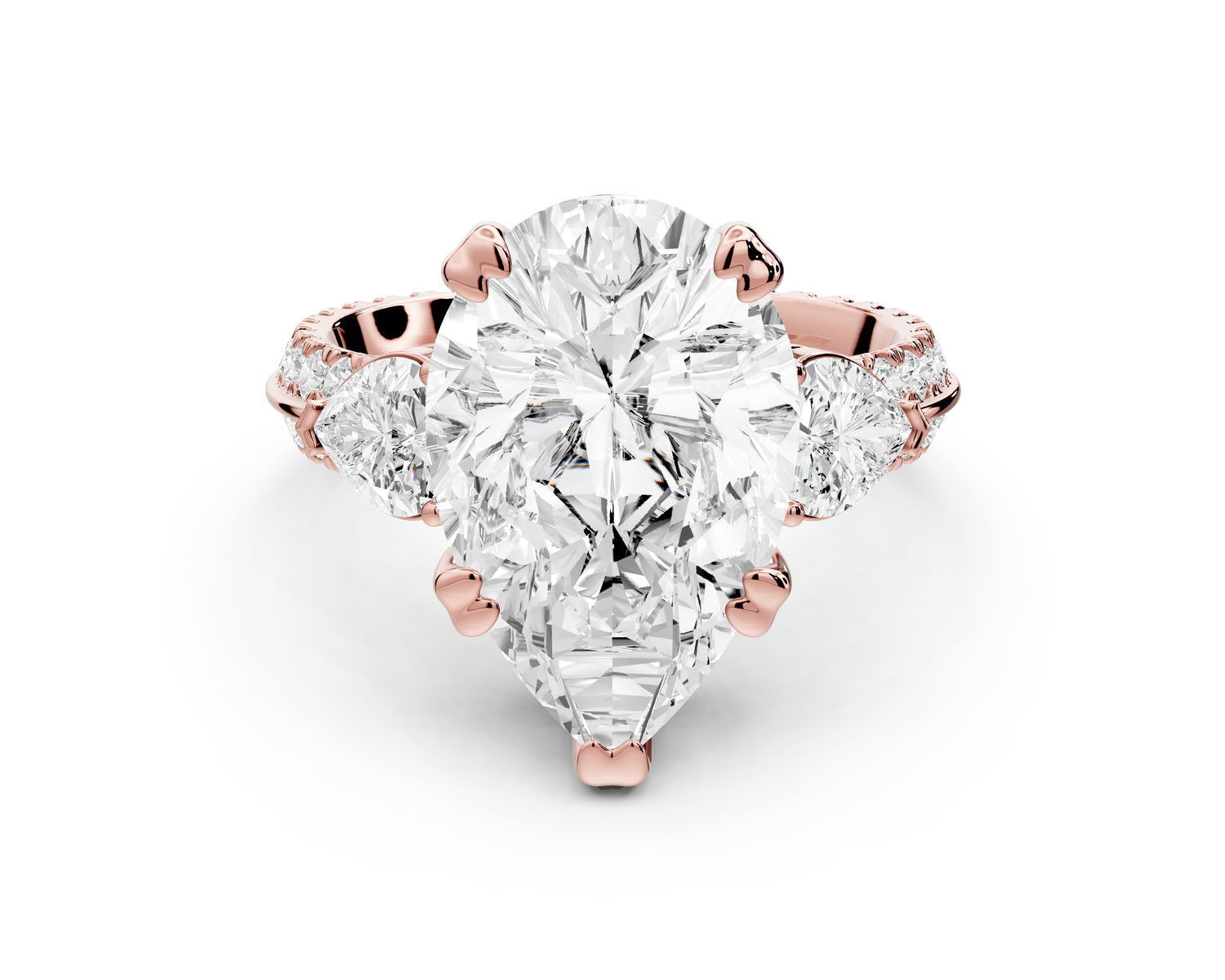 Elinor - 5ct 14k rose gold pear diamond Double talon prongs with two heart side stones and rollover pavé engagement ring