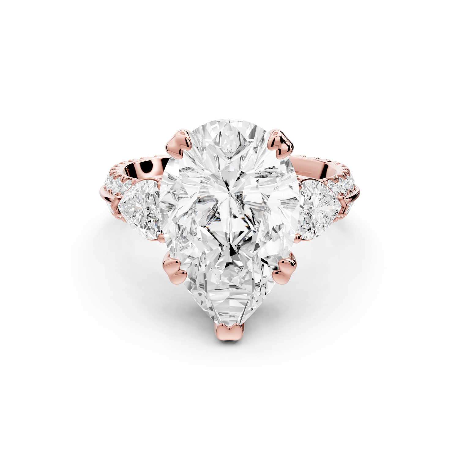 Elinor - 5ct 14k rose gold pear diamond Double talon prongs with two heart side stones and rollover pavé engagement ring