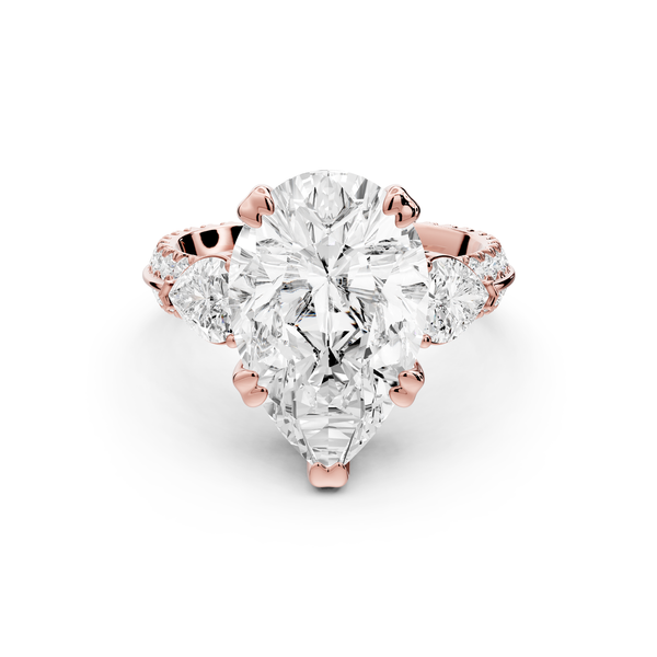 Elinor - 5ct 14k rose gold pear diamond Double talon prongs with two heart side stones and rollover pavé engagement ring