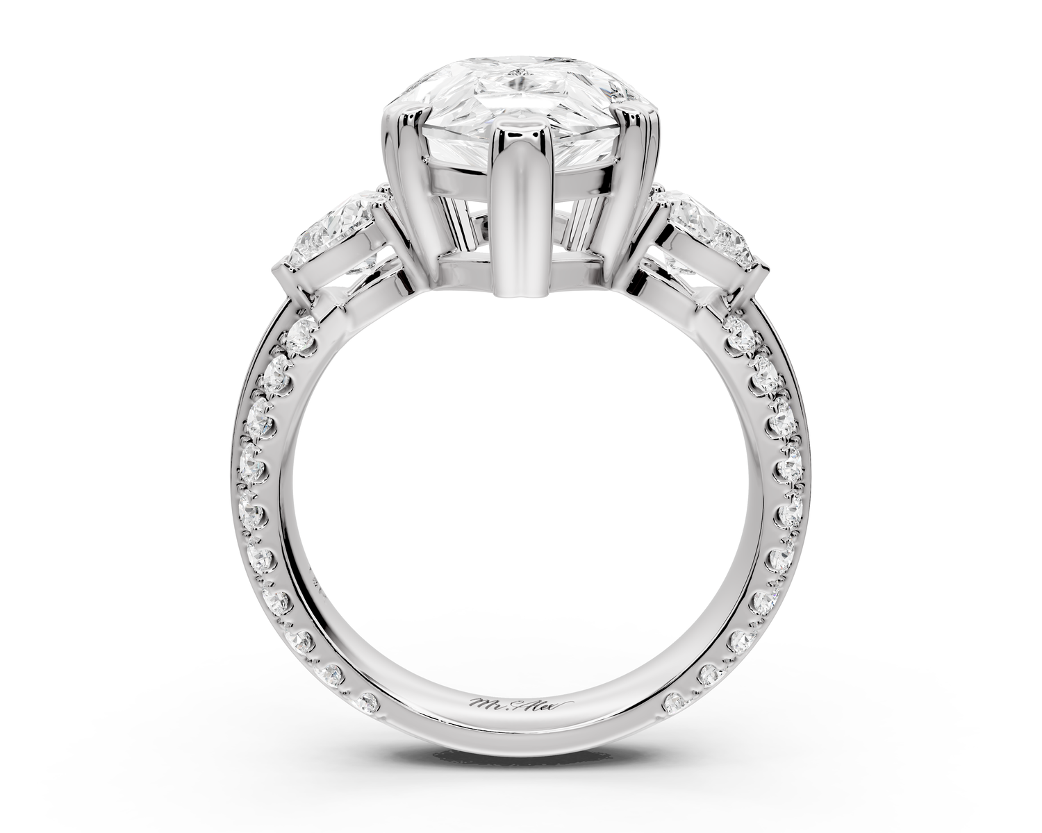 Elinor - 5ct 14k white gold pear diamond Double talon prongs with two heart side stones and rollover pavé engagement ring