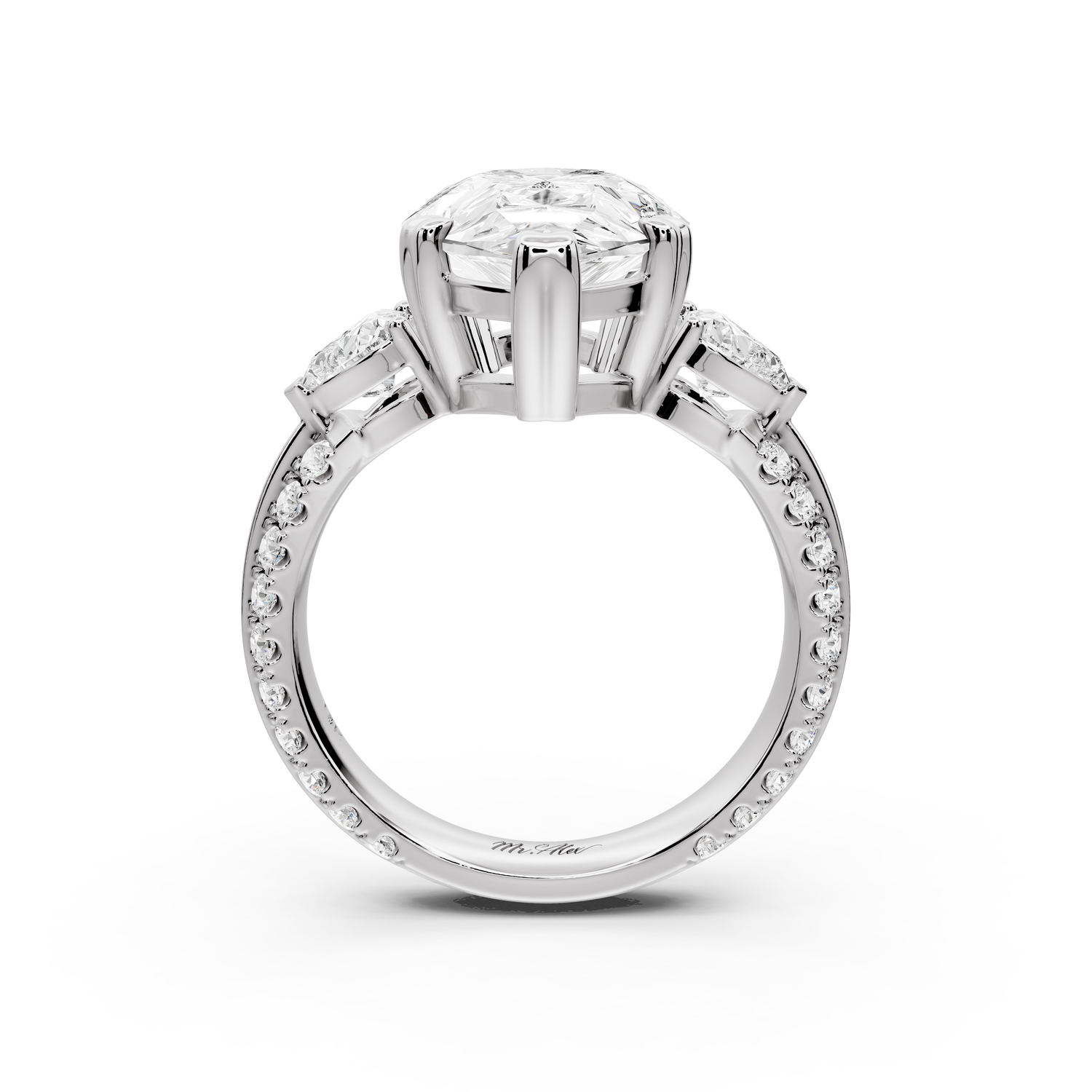 Elinor - 5ct 14k white gold pear diamond Double talon prongs with two heart side stones and rollover pavé engagement ring