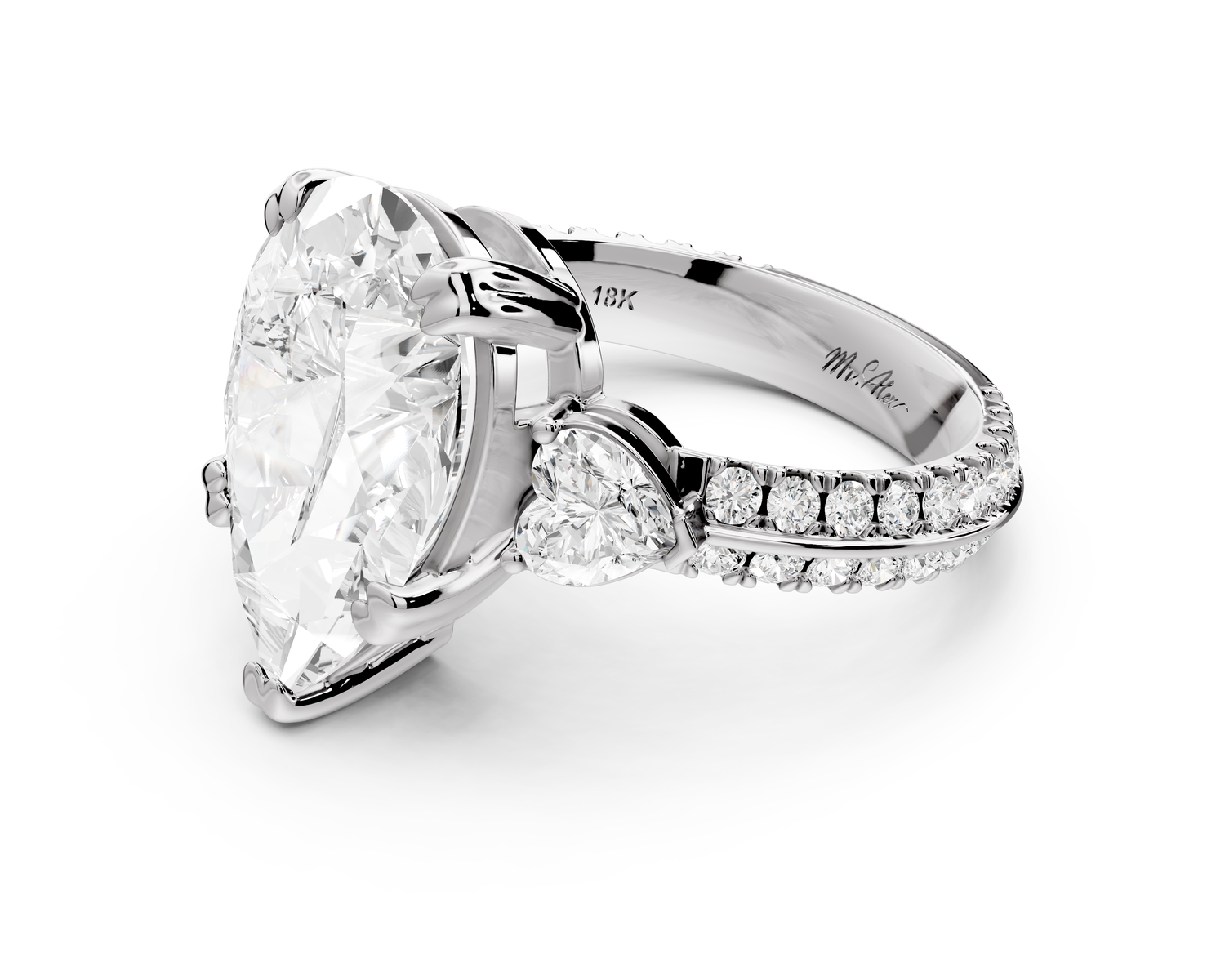 Elinor - 5ct 14k white gold pear diamond Double talon prongs with two heart side stones and rollover pavé engagement ring