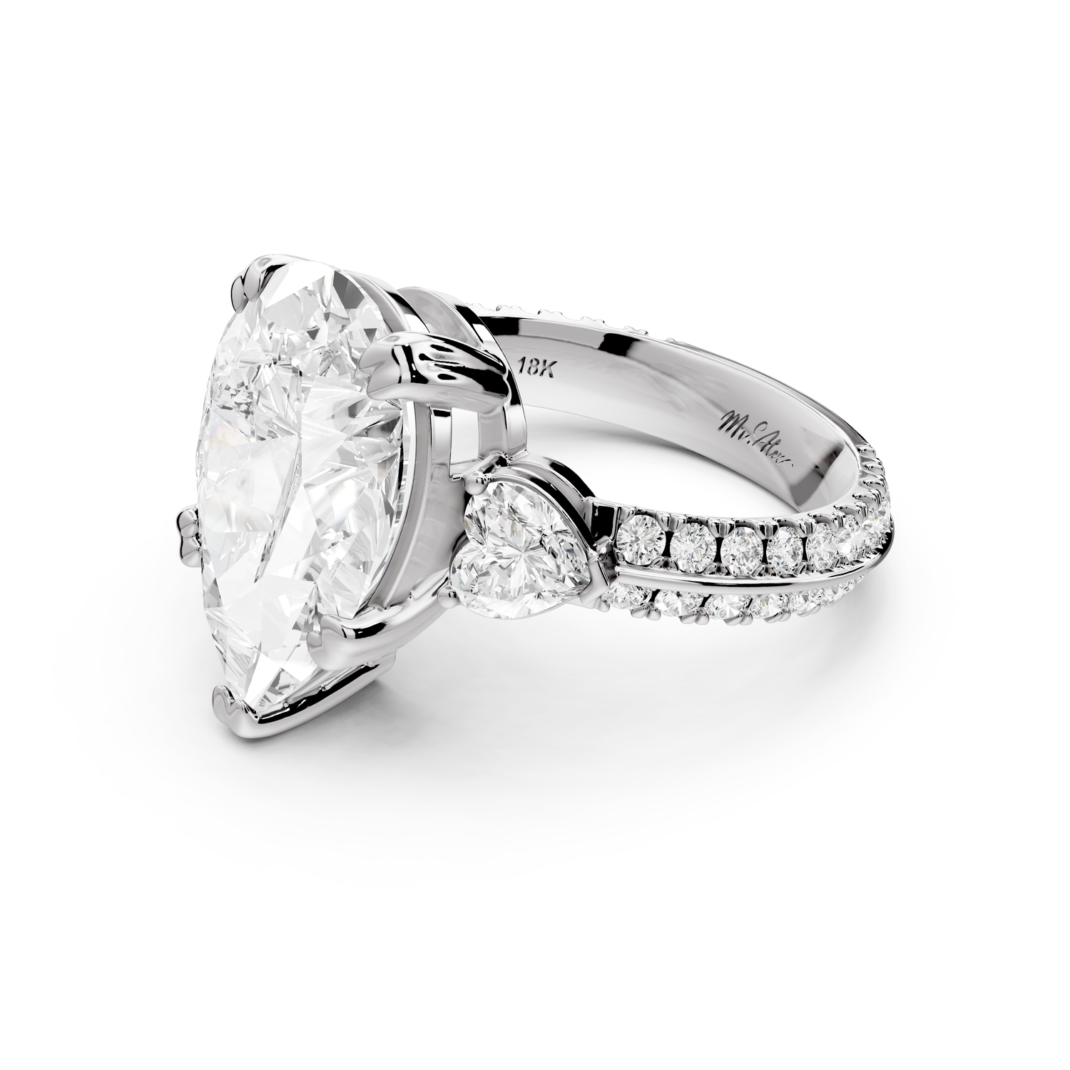 Elinor - 5ct 14k white gold pear diamond Double talon prongs with two heart side stones and rollover pavé engagement ring