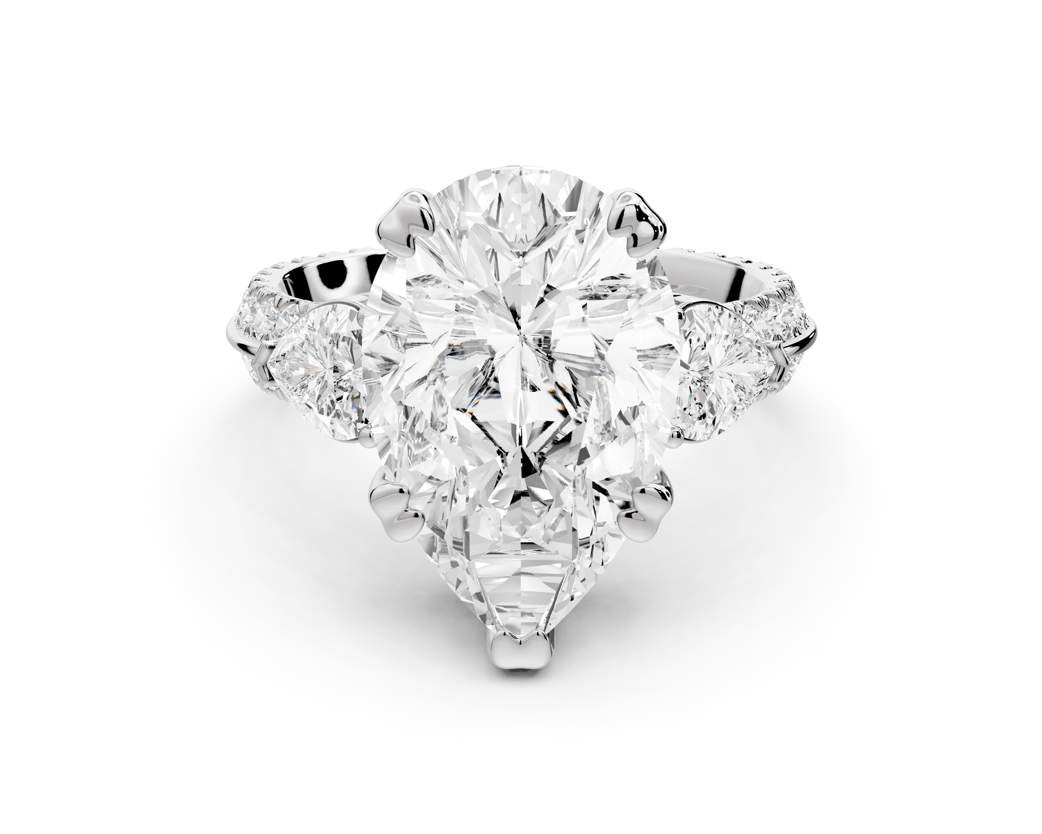 Elinor - 5ct 14k white gold pear diamond Double talon prongs with two heart side stones and rollover pavé engagement ring