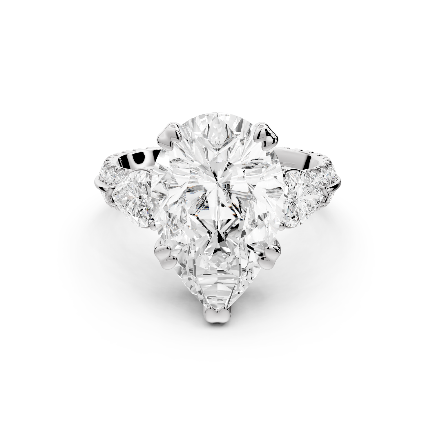 Elinor - 5ct 14k white gold pear diamond Double talon prongs with two heart side stones and rollover pavé engagement ring