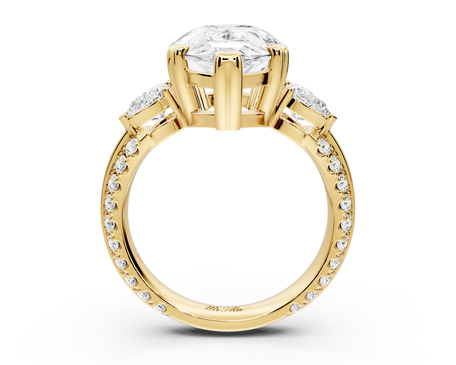 Elinor - 5ct 14k yellow gold pear diamond Double talon prongs with two heart side stones and rollover pavé engagement ring