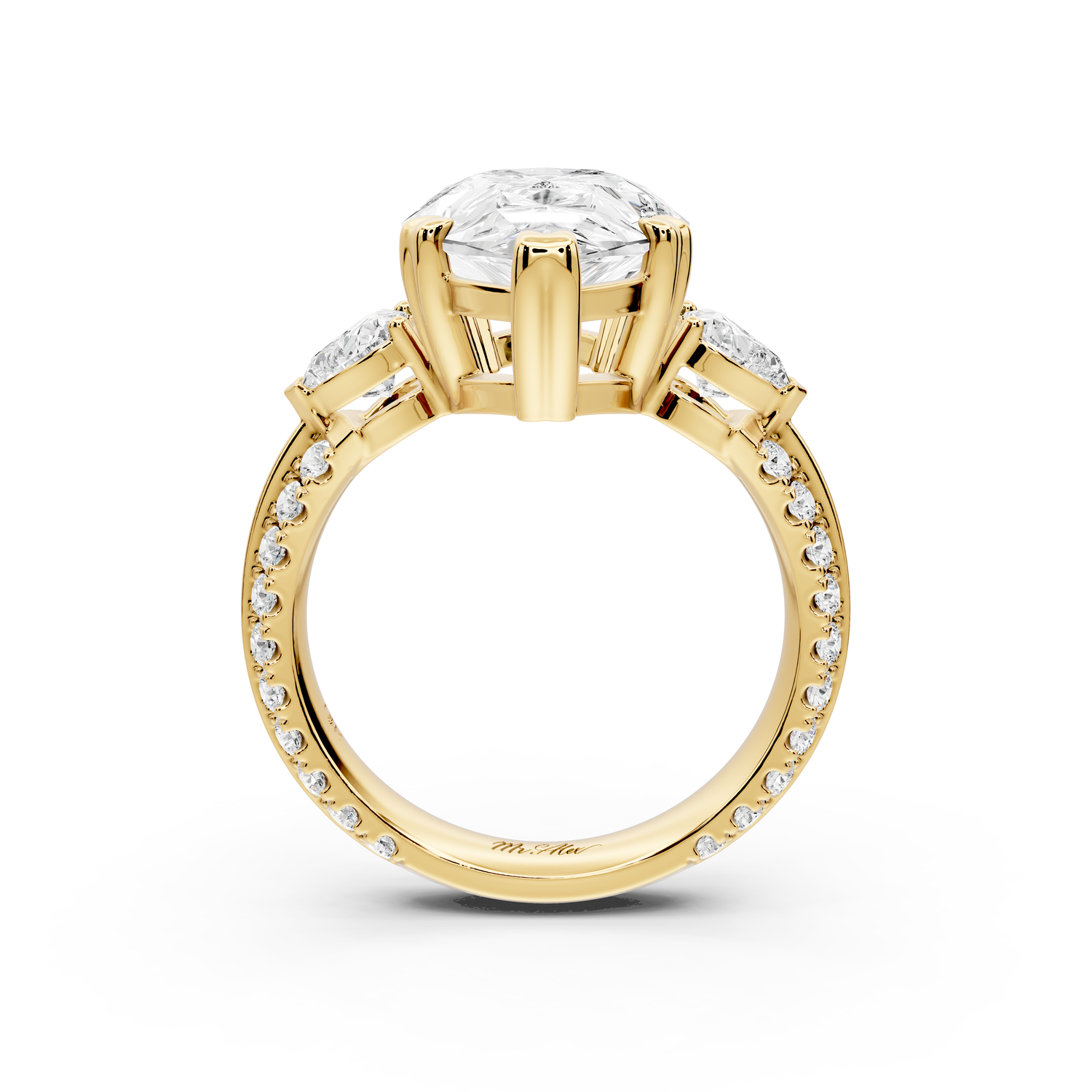 Elinor - 5ct 14k yellow gold pear diamond Double talon prongs with two heart side stones and rollover pavé engagement ring
