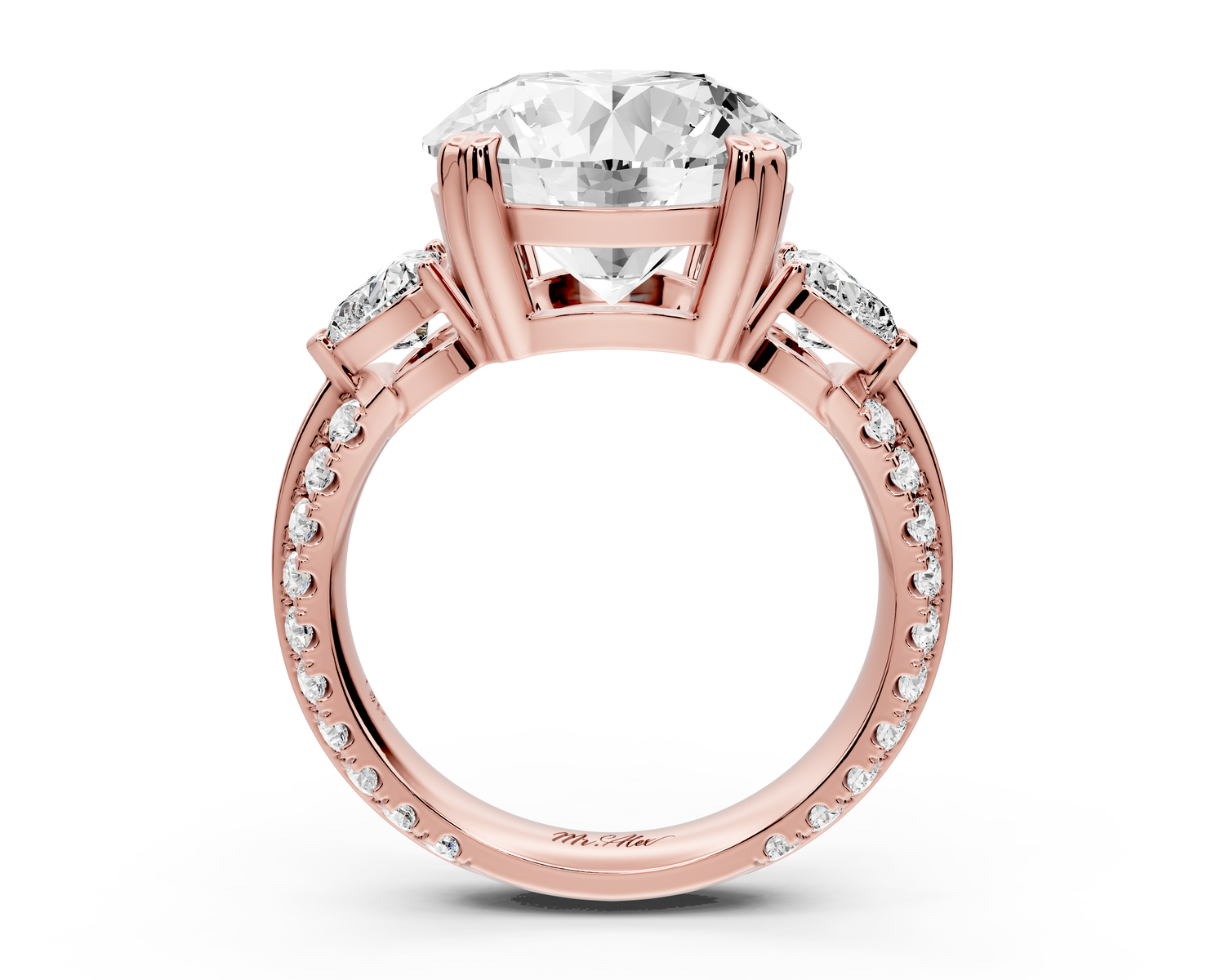 Elinor - 5ct 14k rose gold round diamond Double talon prongs with two heart side stones and rollover Pavé engagement ring