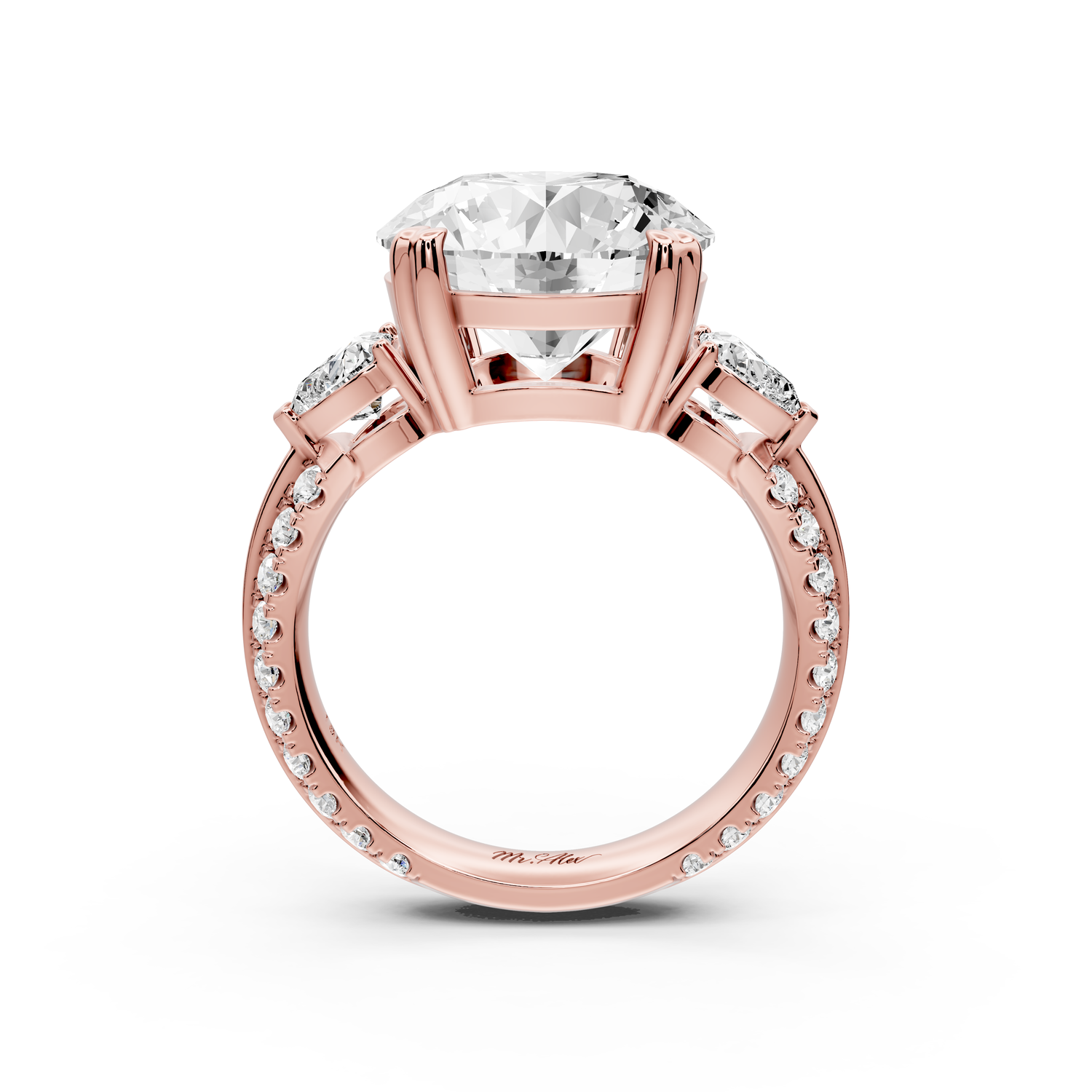 Elinor - 5ct 14k rose gold round diamond Double talon prongs with two heart side stones and rollover Pavé engagement ring