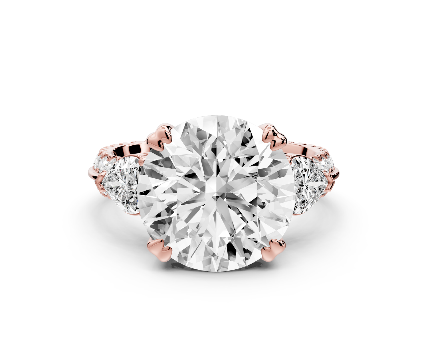 Elinor - 5ct 14k rose gold round diamond Double talon prongs with two heart side stones and rollover Pavé engagement ring