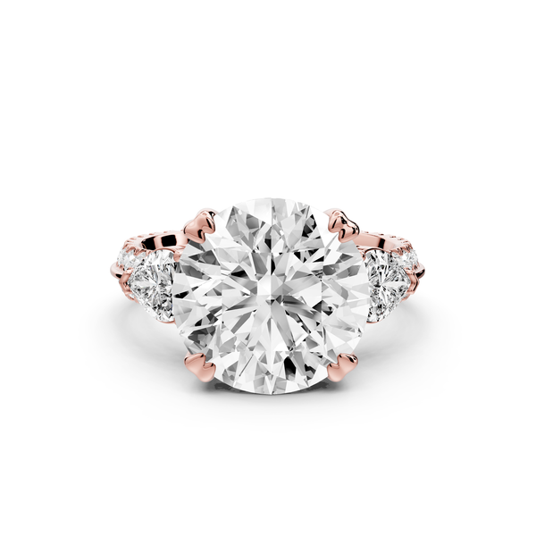 Elinor - 5ct 14k rose gold round diamond Double talon prongs with two heart side stones and rollover Pavé engagement ring