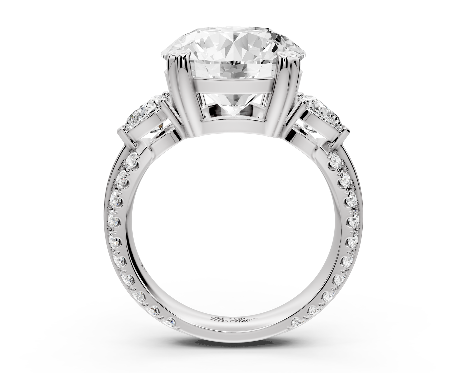 Elinor - 5ct 14k white gold round diamond Double talon prongs with two heart side stones and rollover Pavé engagement ring