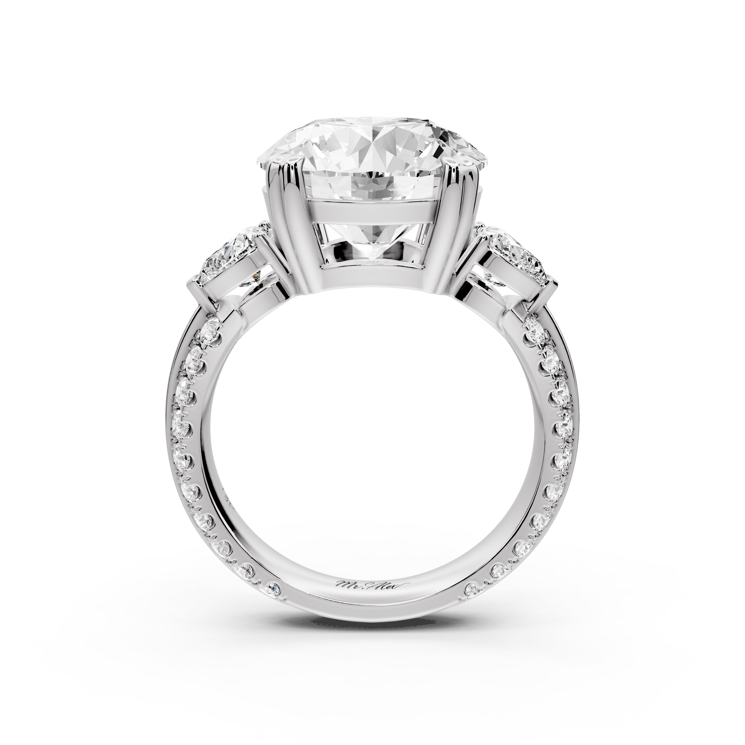 Elinor - 5ct 14k white gold round diamond Double talon prongs with two heart side stones and rollover Pavé engagement ring
