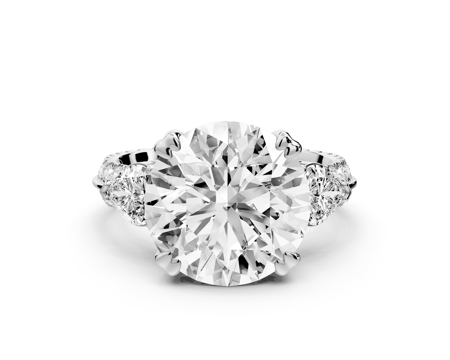 Elinor - 5ct 14k white gold round diamond Double talon prongs with two heart side stones and rollover Pavé engagement ring