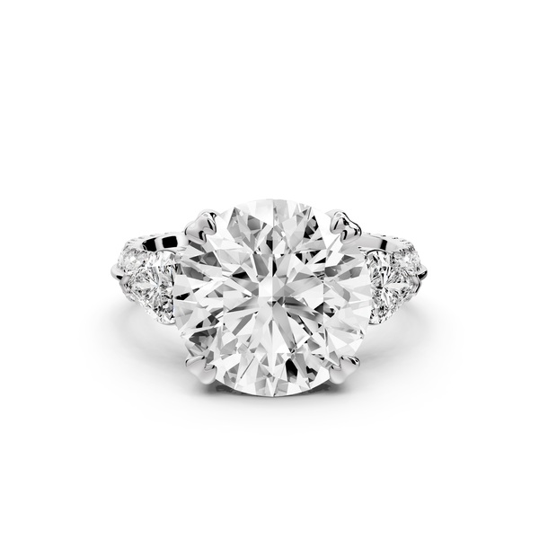 Elinor - 5ct 14k white gold round diamond Double talon prongs with two heart side stones and rollover Pavé engagement ring