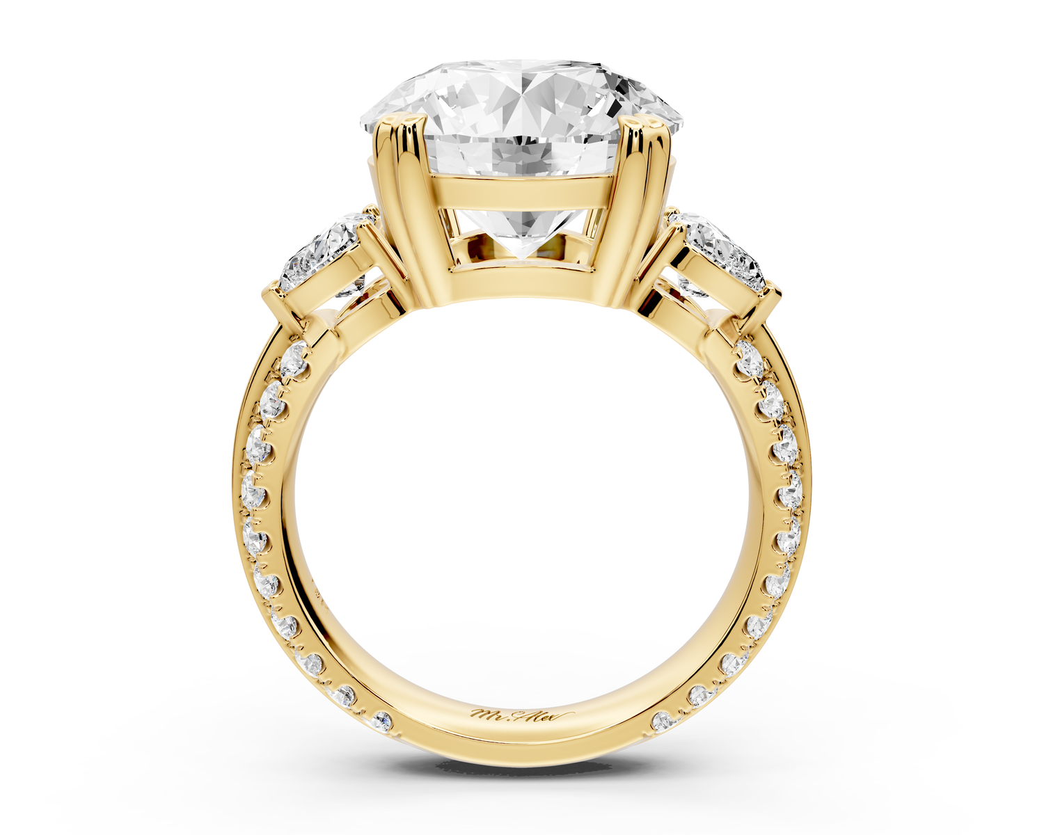 Elinor - 5ct 14k yellow gold round diamond Double talon prongs with two heart side stones and rollover Pavé engagement ring