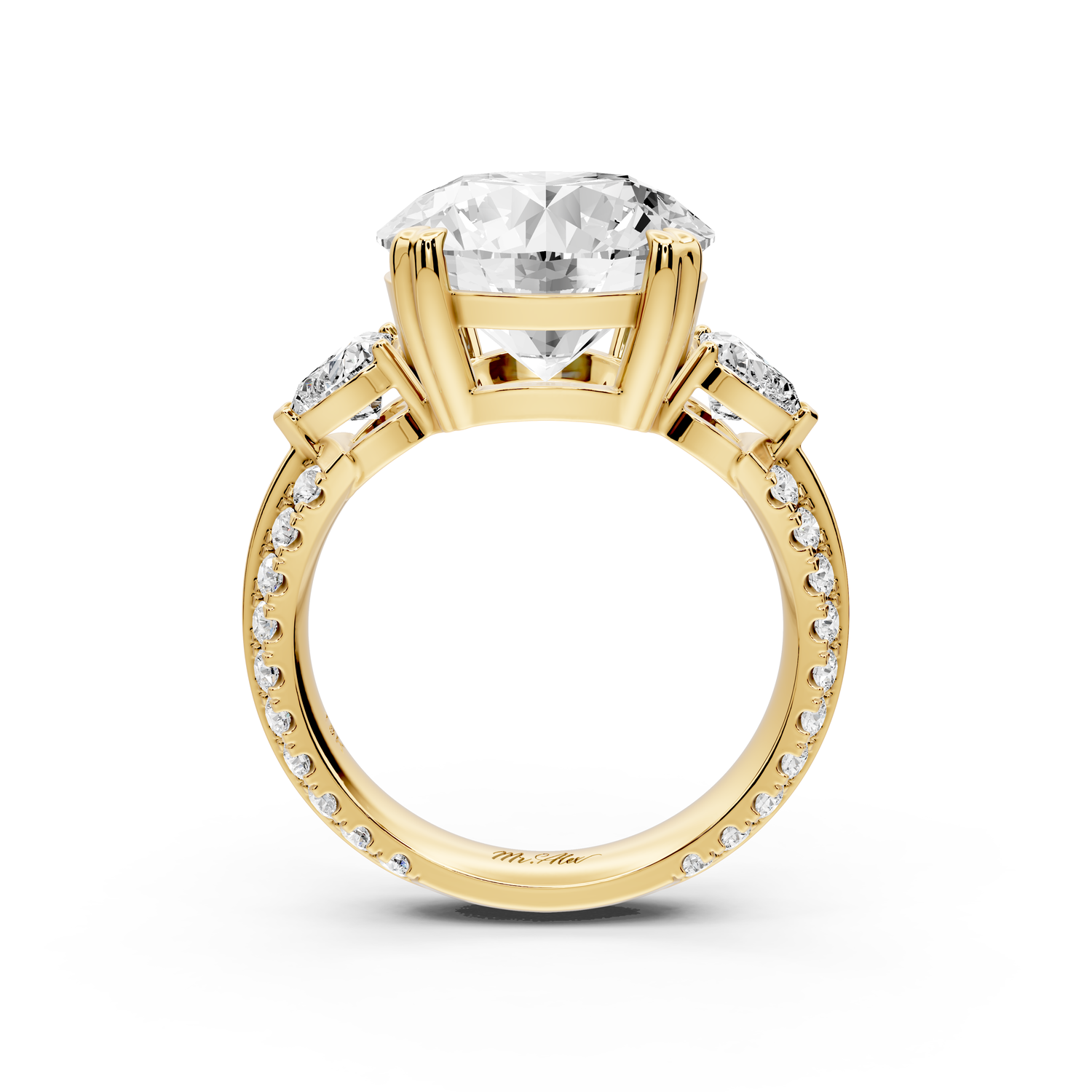 Elinor - 5ct 14k yellow gold round diamond Double talon prongs with two heart side stones and rollover Pavé engagement ring