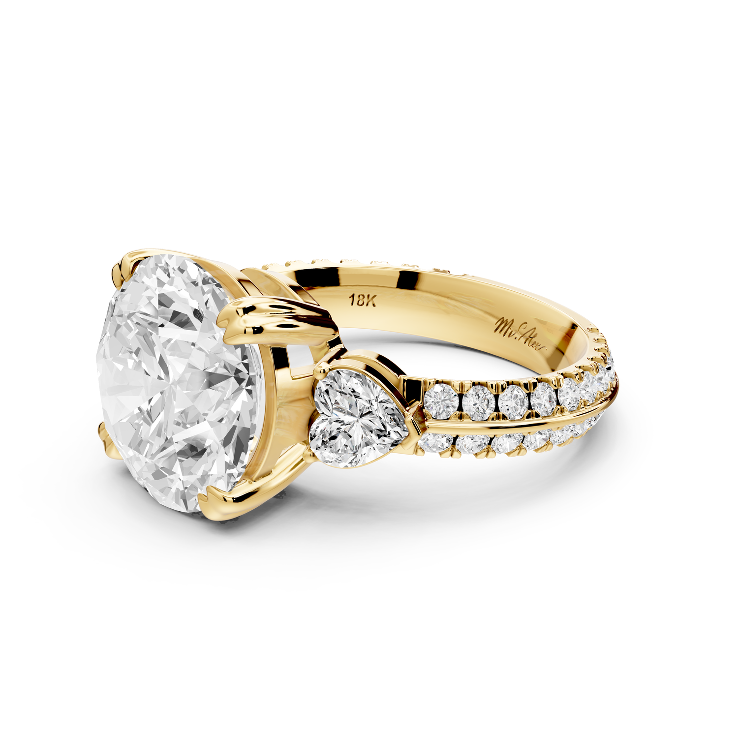 Elinor - 5ct 14k yellow gold round diamond Double talon prongs with two heart side stones and rollover Pavé engagement ring