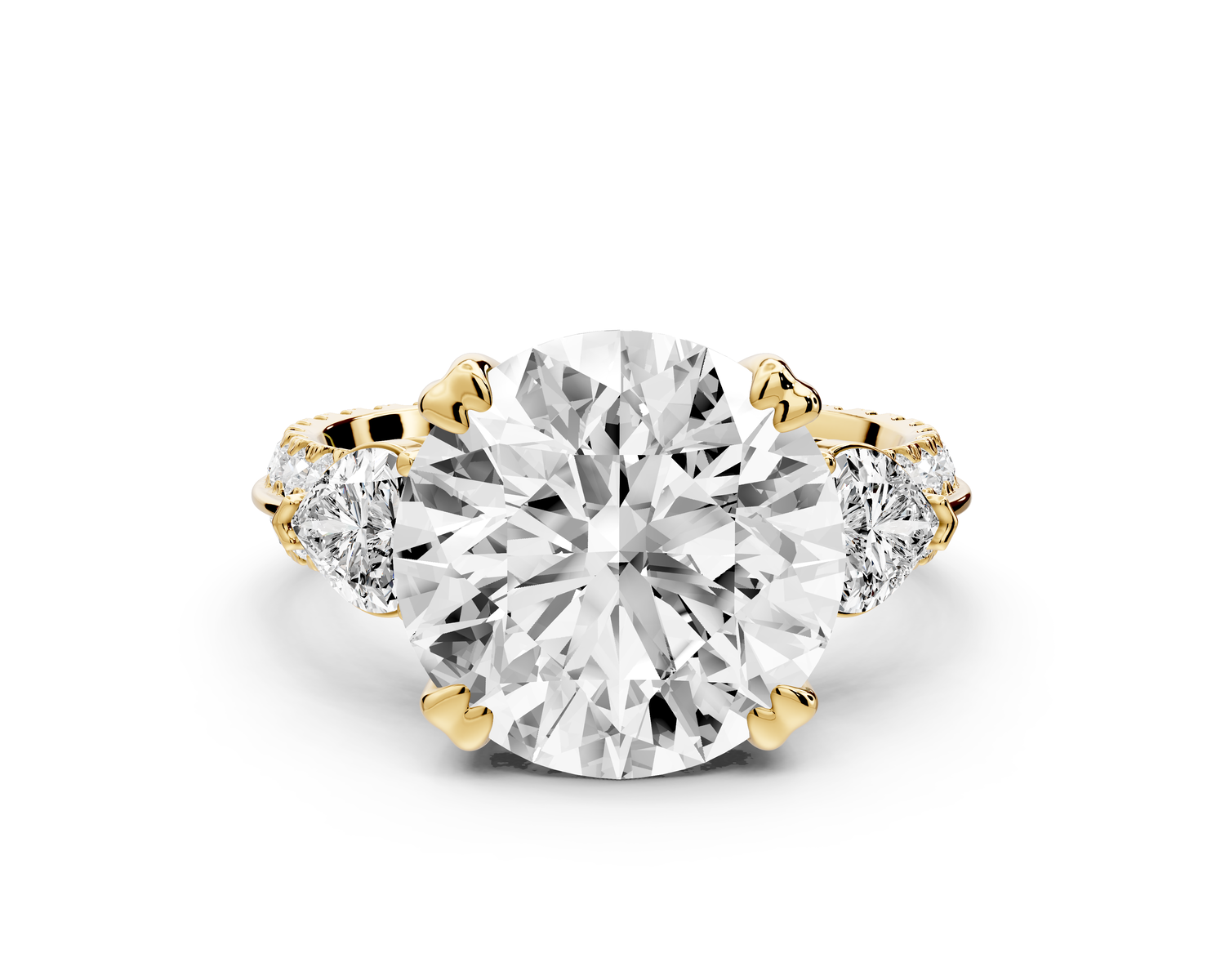 Elinor - 5ct 14k yellow gold round diamond Double talon prongs with two heart side stones and rollover Pavé engagement ring