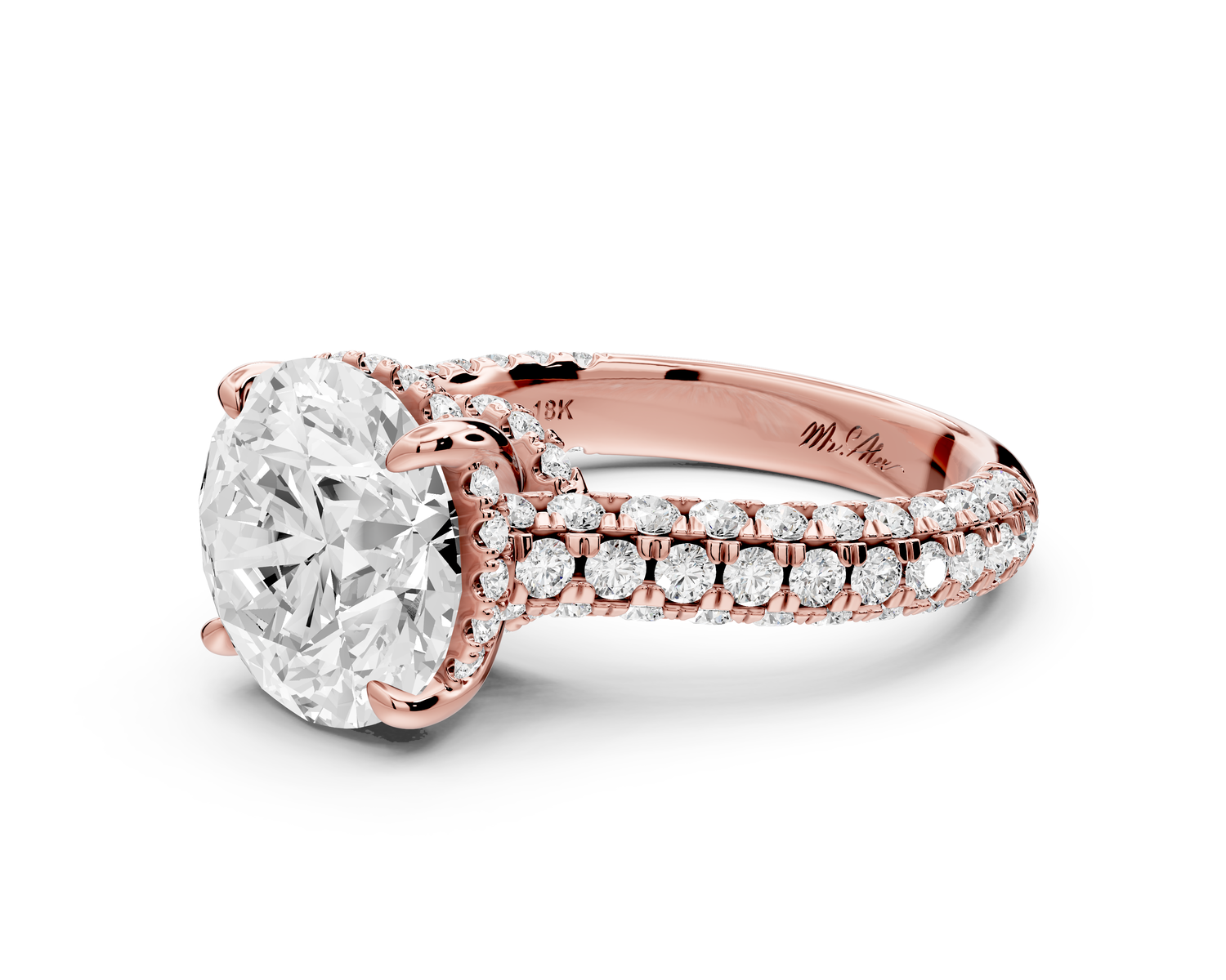 Amoria - 4ct 18k rose gold round Diamond Engagement Ring with Pavé Band & Hidden Halo