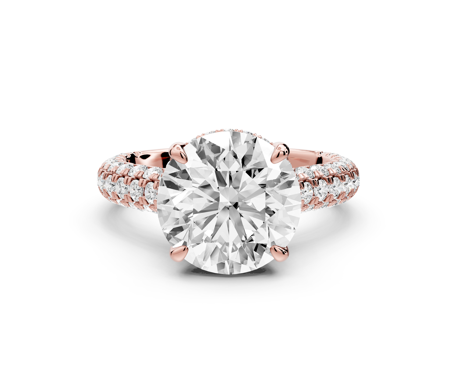 Amoria - 4ct 18k rose gold round Diamond Engagement Ring with Pavé Band & Hidden Halo
