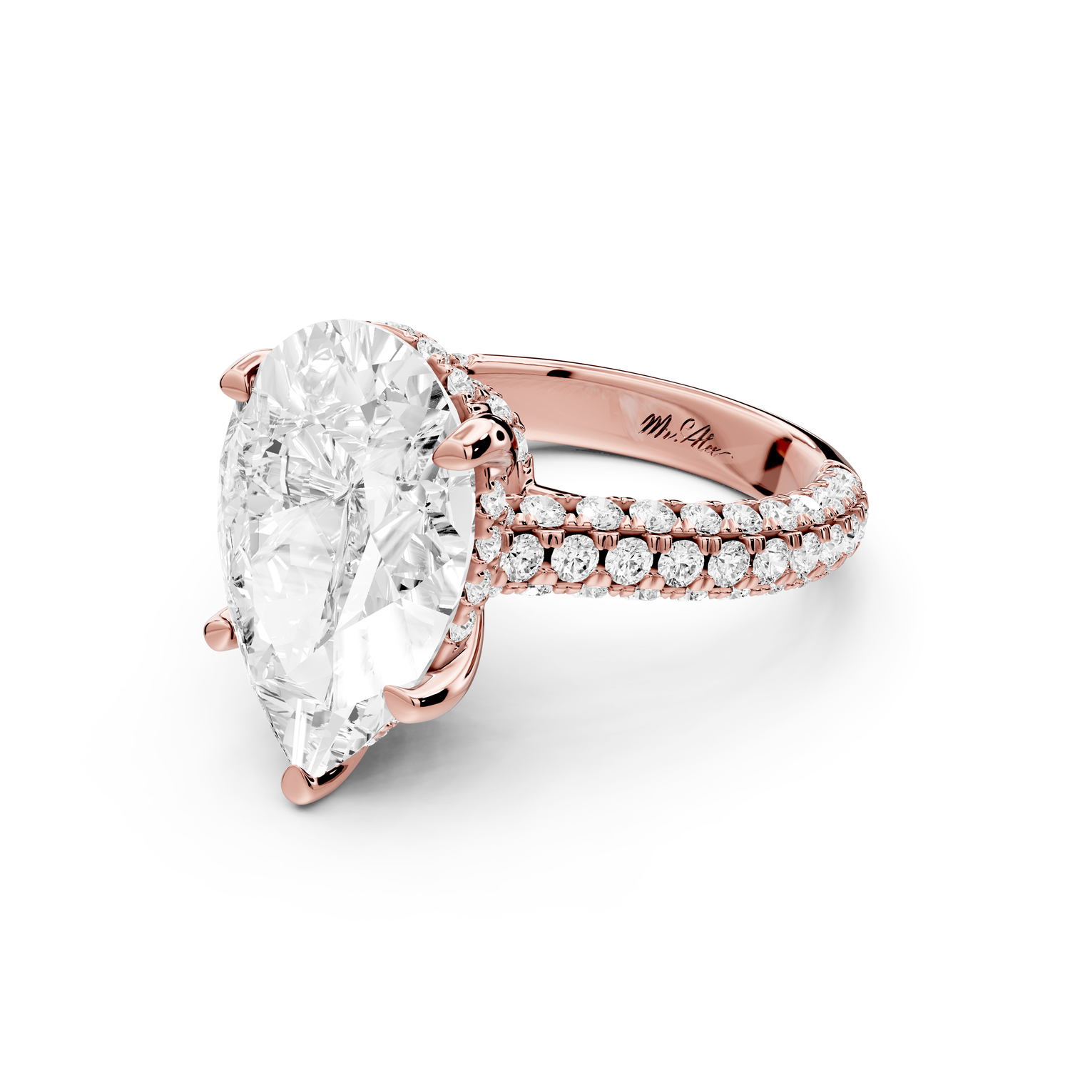 Amoria - 5ct 14k rose gold pear Diamond Engagement Ring with Pavé Band & Hidden Halo