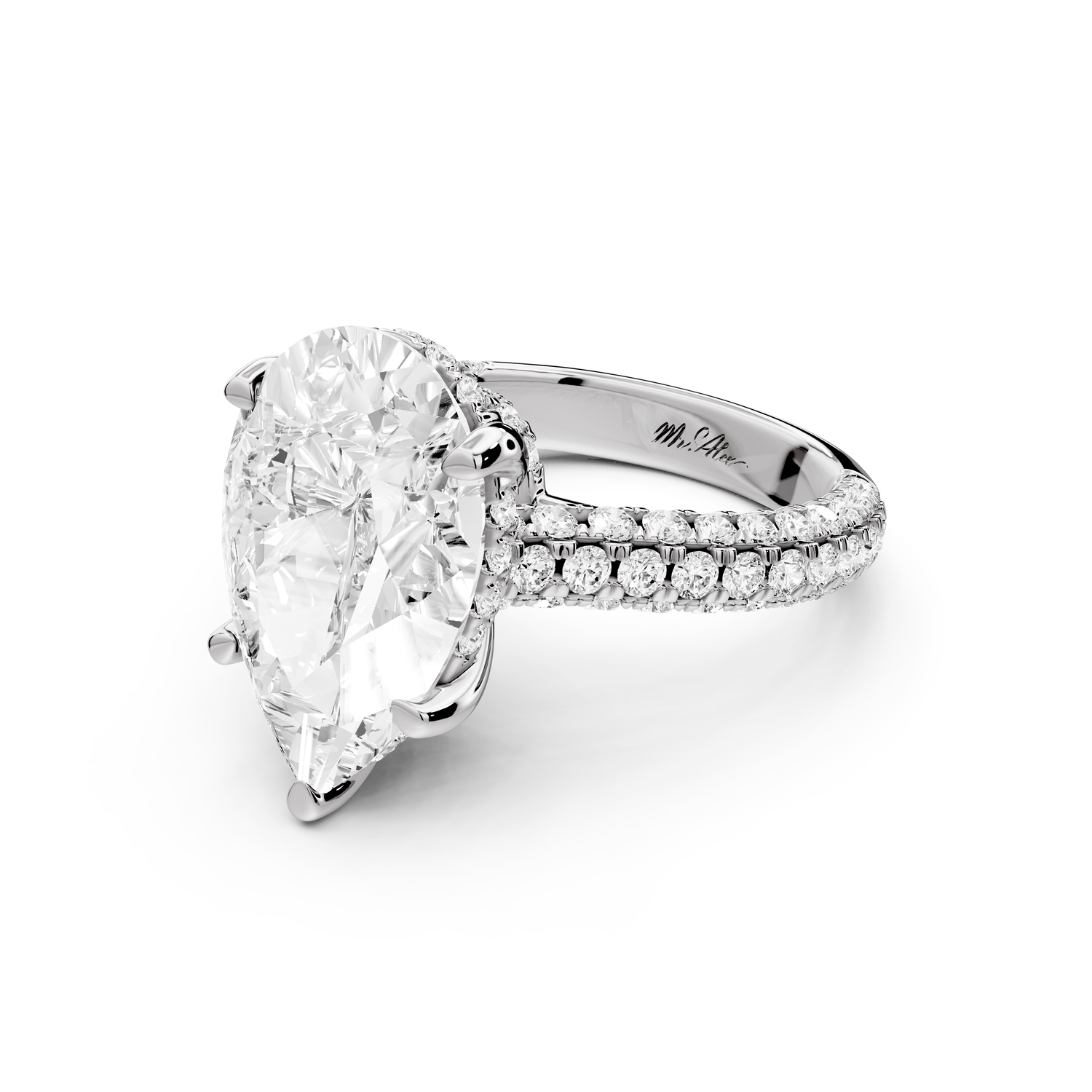 Amoria - 5ct platinum pear Diamond Engagement Ring with Pavé Band & Hidden Halo