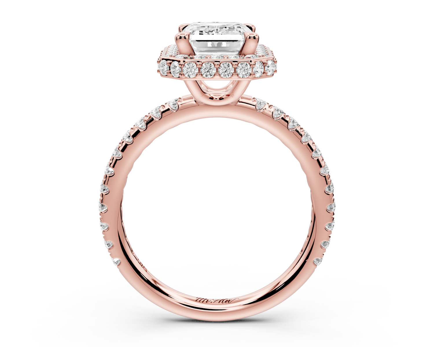 Amelie - 2ct 14k rose gold emerald Diamond with Rollover Halo and Pavé Engagement Ring