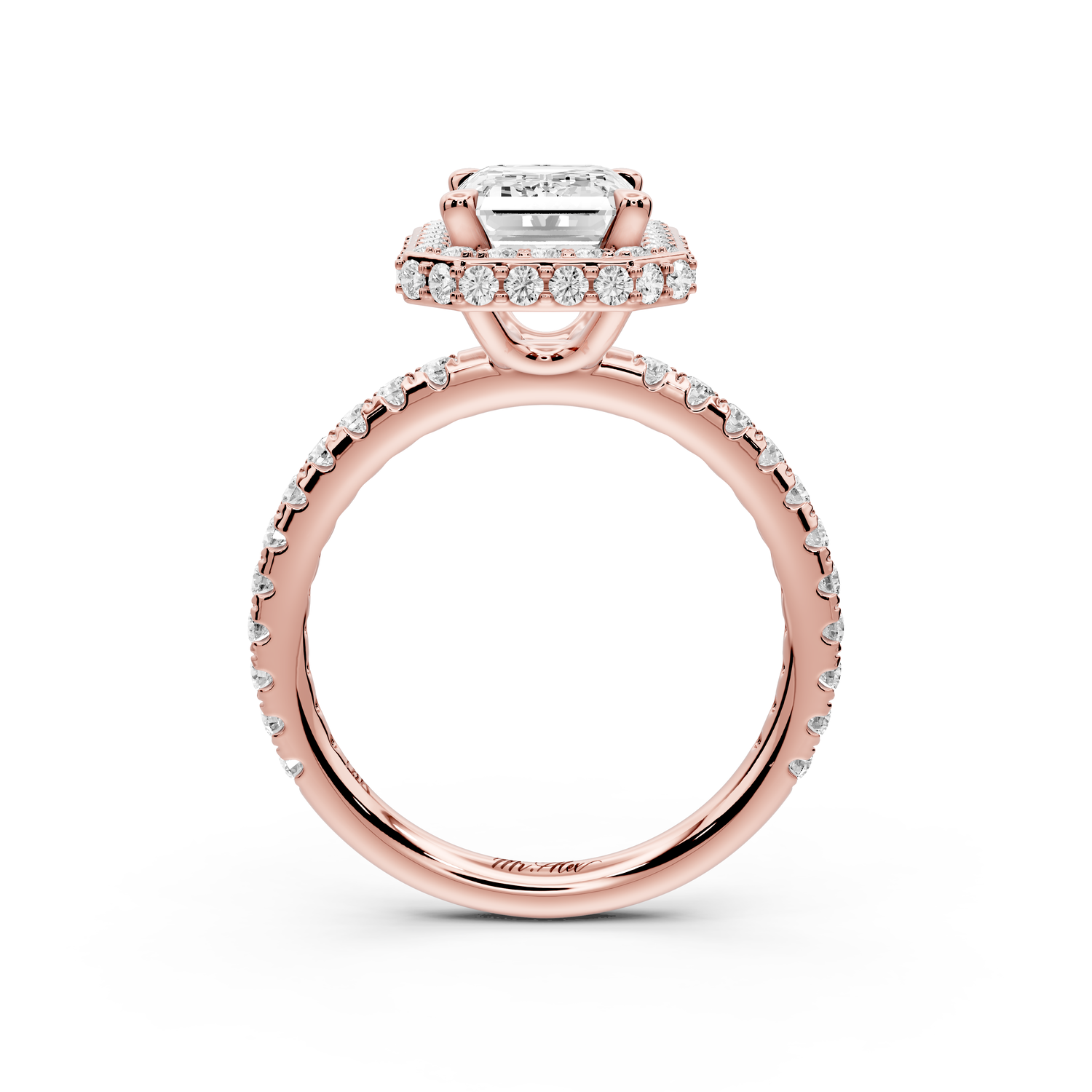 Amelie - 2ct 14k rose gold emerald Diamond with Rollover Halo and Pavé Engagement Ring