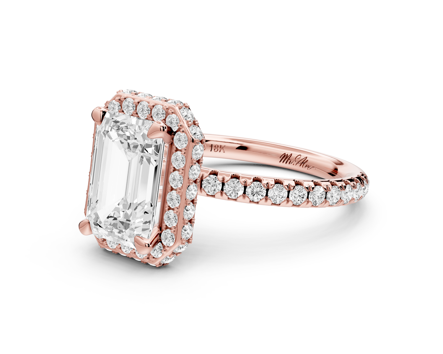 Amelie - 2ct 14k rose gold emerald Diamond with Rollover Halo and Pavé Engagement Ring