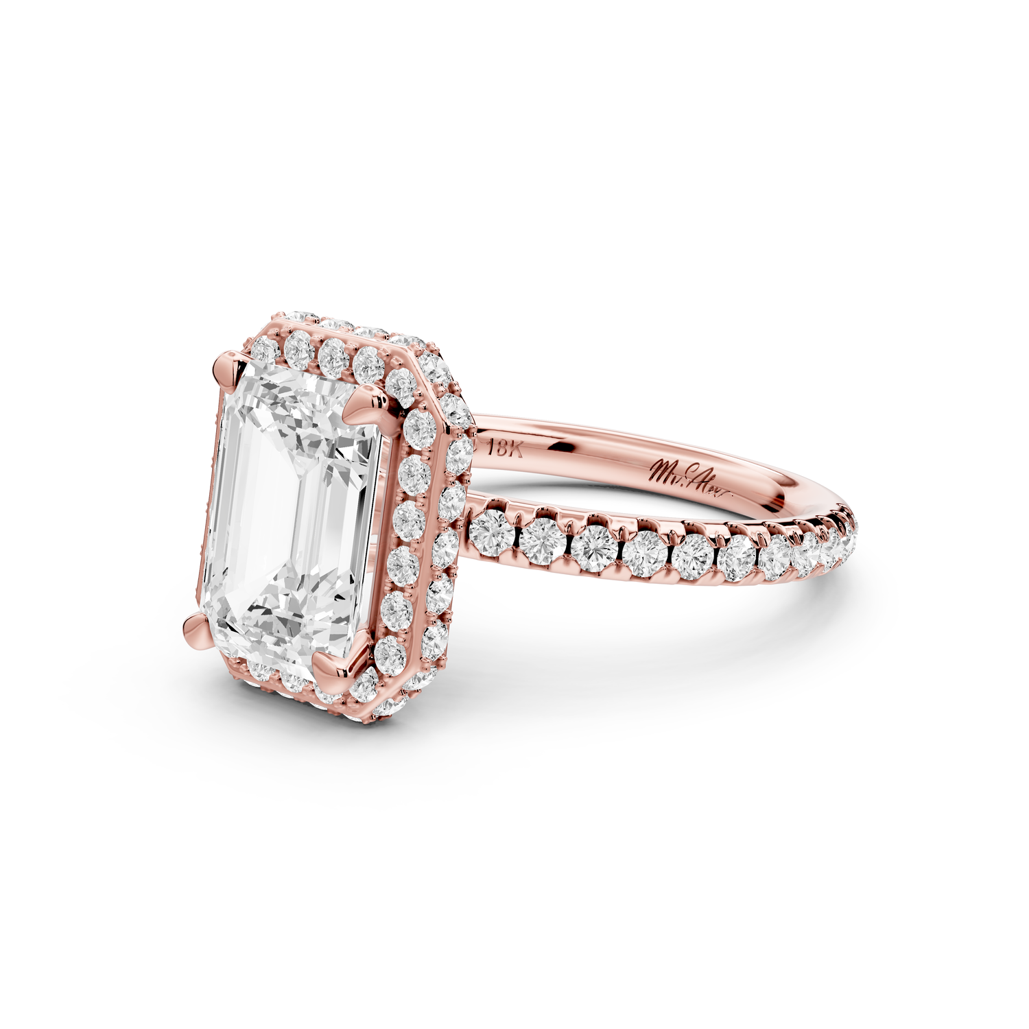 Amelie - 2ct 14k rose gold emerald Diamond with Rollover Halo and Pavé Engagement Ring