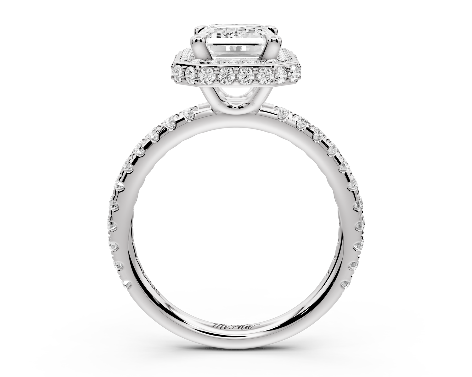 Amelie - 2ct 14k white gold emerald Diamond with Rollover Halo and Pavé Engagement Ring