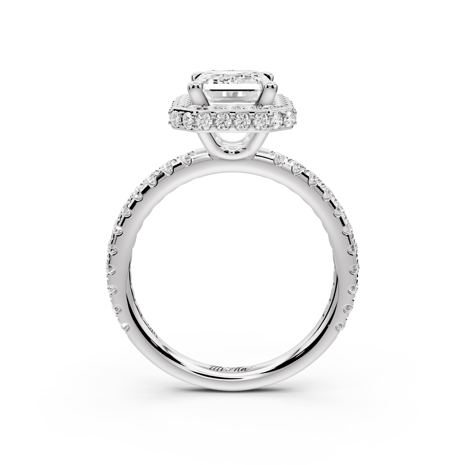 Amelie - 2ct 14k white gold emerald Diamond with Rollover Halo and Pavé Engagement Ring