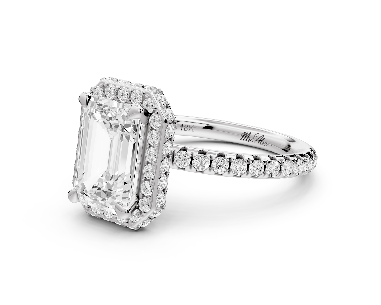 Amelie - 2ct 14k white gold emerald Diamond with Rollover Halo and Pavé Engagement Ring