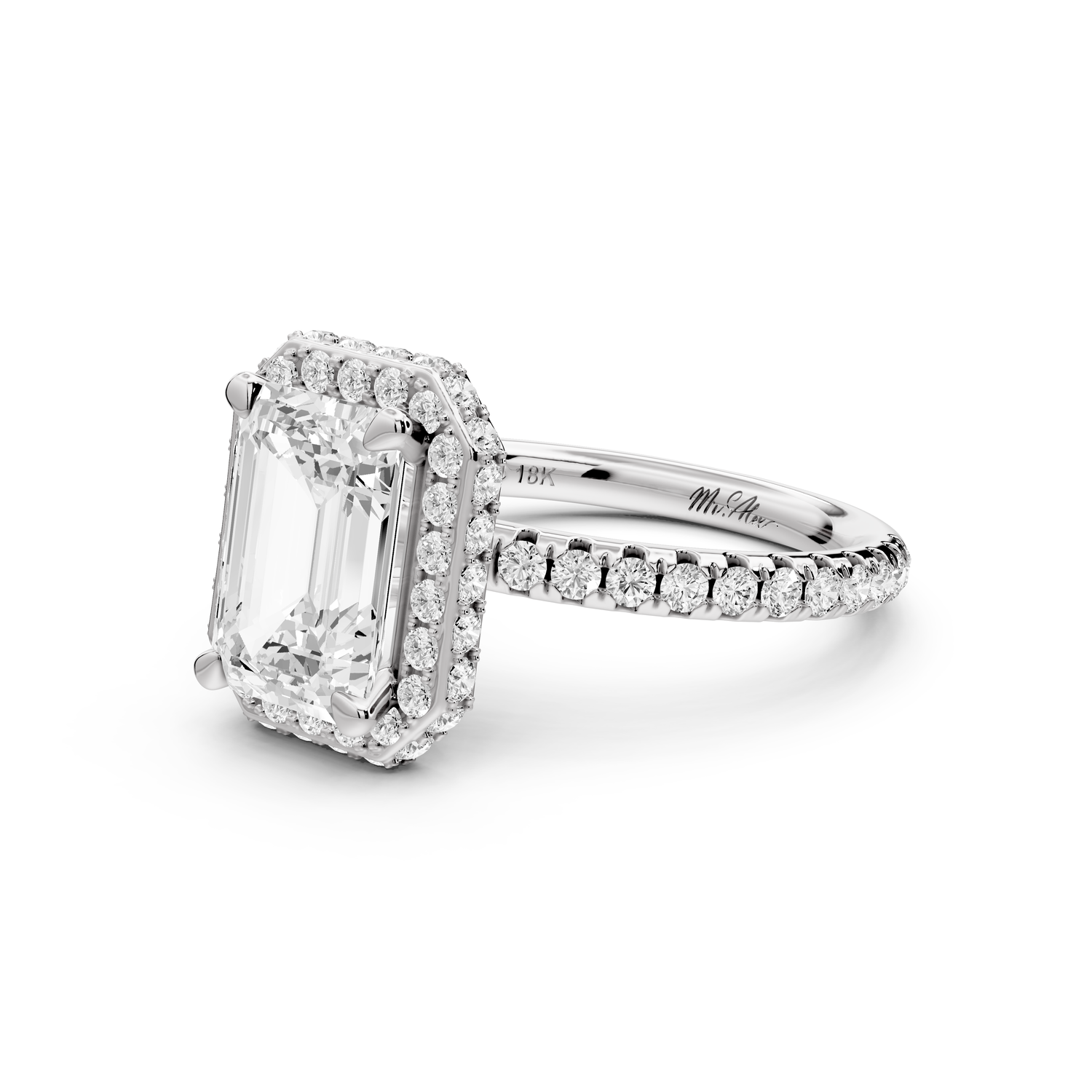 Amelie - 2ct 14k white gold emerald Diamond with Rollover Halo and Pavé Engagement Ring