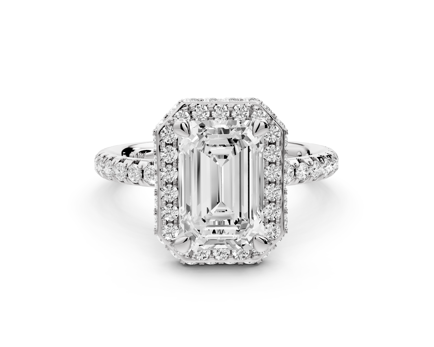 Amelie - 2ct 14k white gold emerald Diamond with Rollover Halo and Pavé Engagement Ring