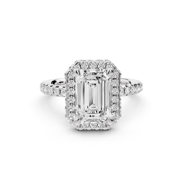Amelie - 2ct 14k white gold emerald Diamond with Rollover Halo and Pavé Engagement Ring