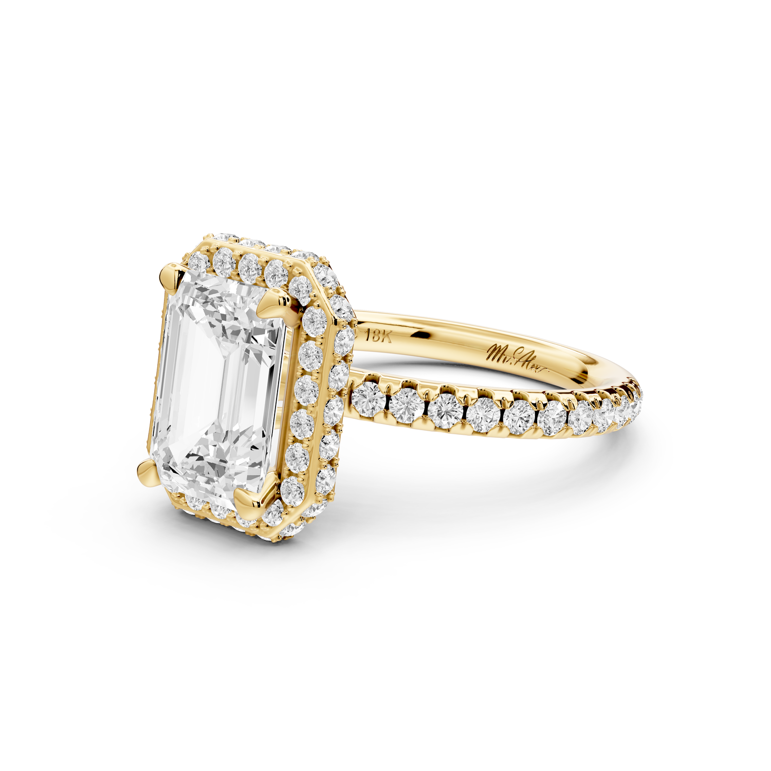 Amelie - 2ct 14k yellow gold emerald Diamond with Rollover Halo and Pavé Engagement Ring
