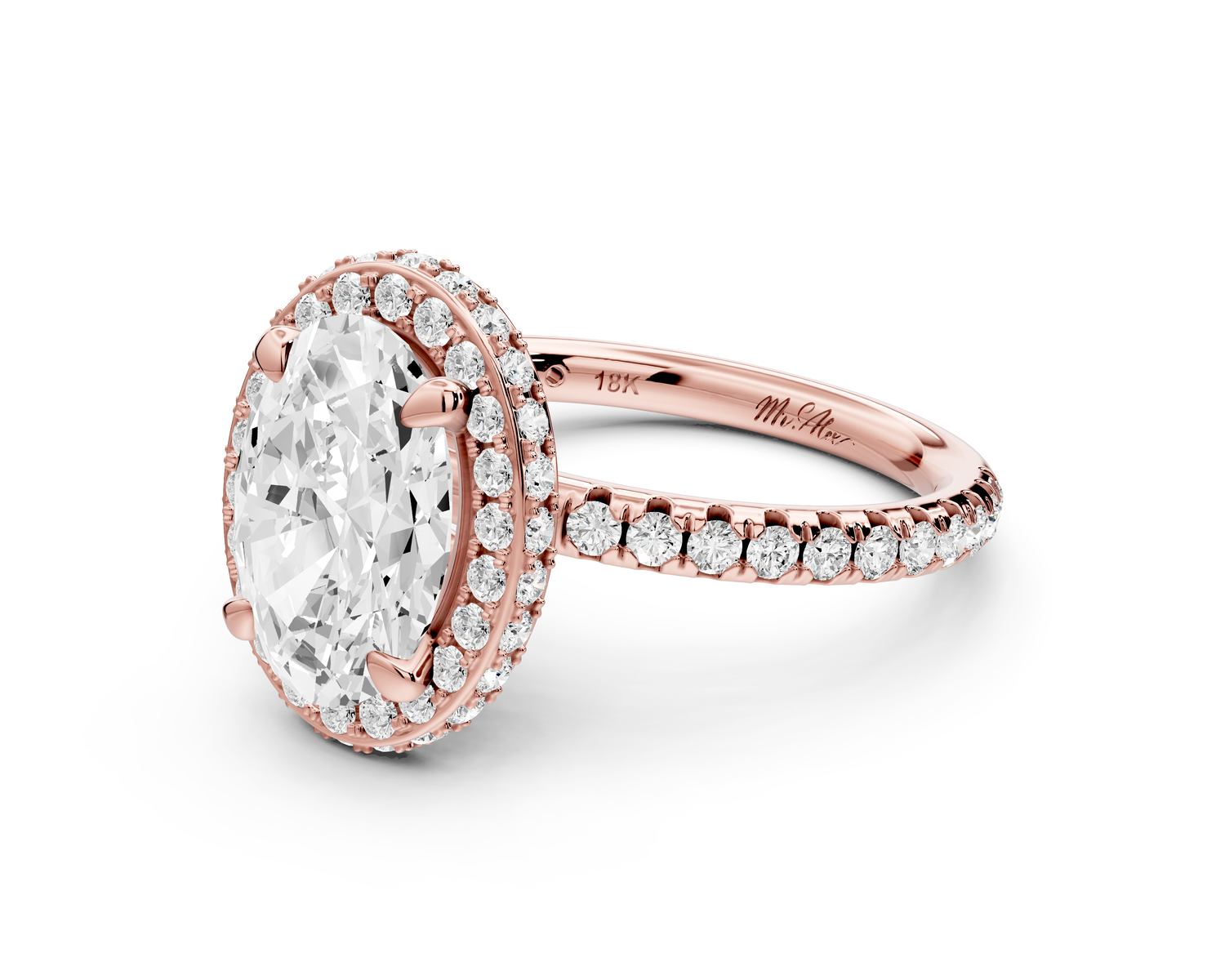 Amelie - 2ct 14k rose gold oval Diamond with Rollover Halo and Pavé Engagement Ring