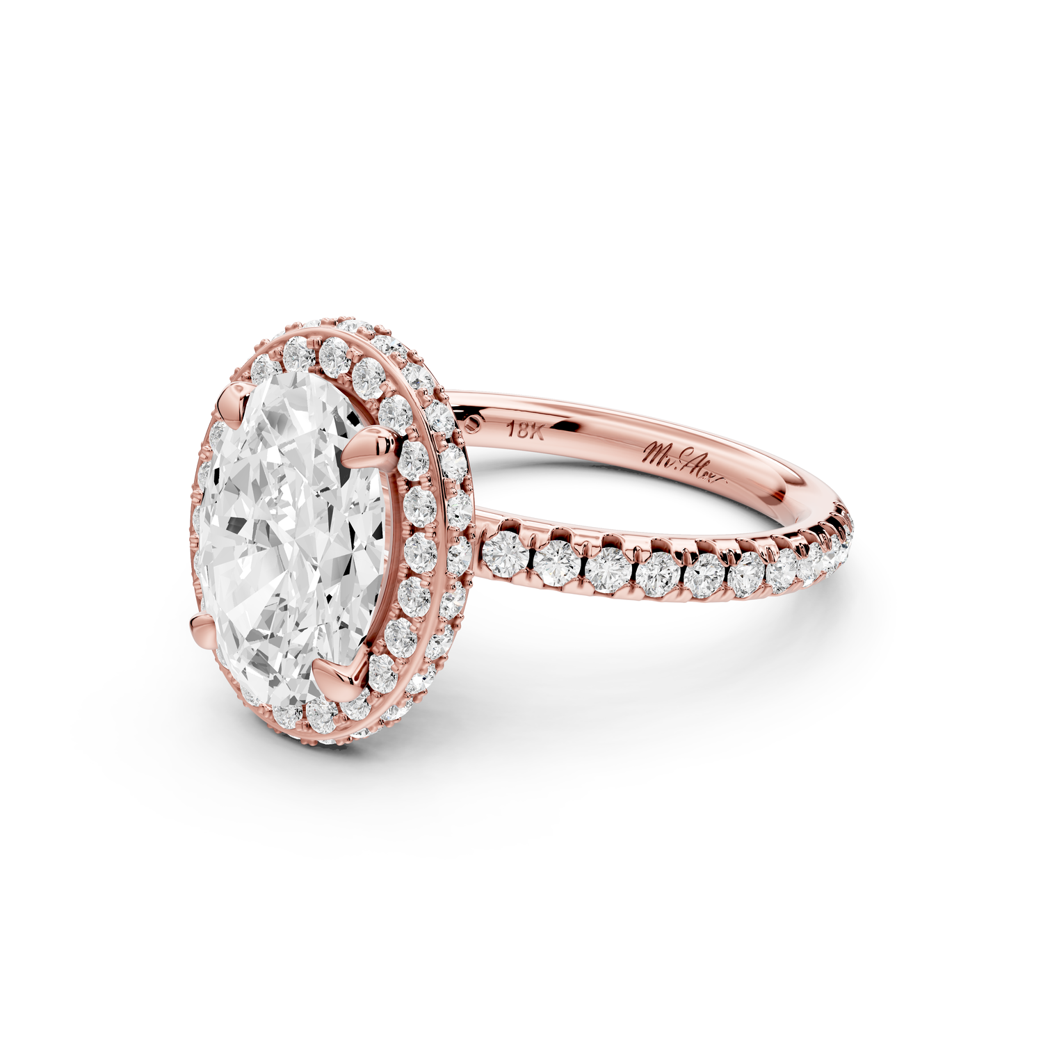 Amelie - 2ct 14k rose gold oval Diamond with Rollover Halo and Pavé Engagement Ring