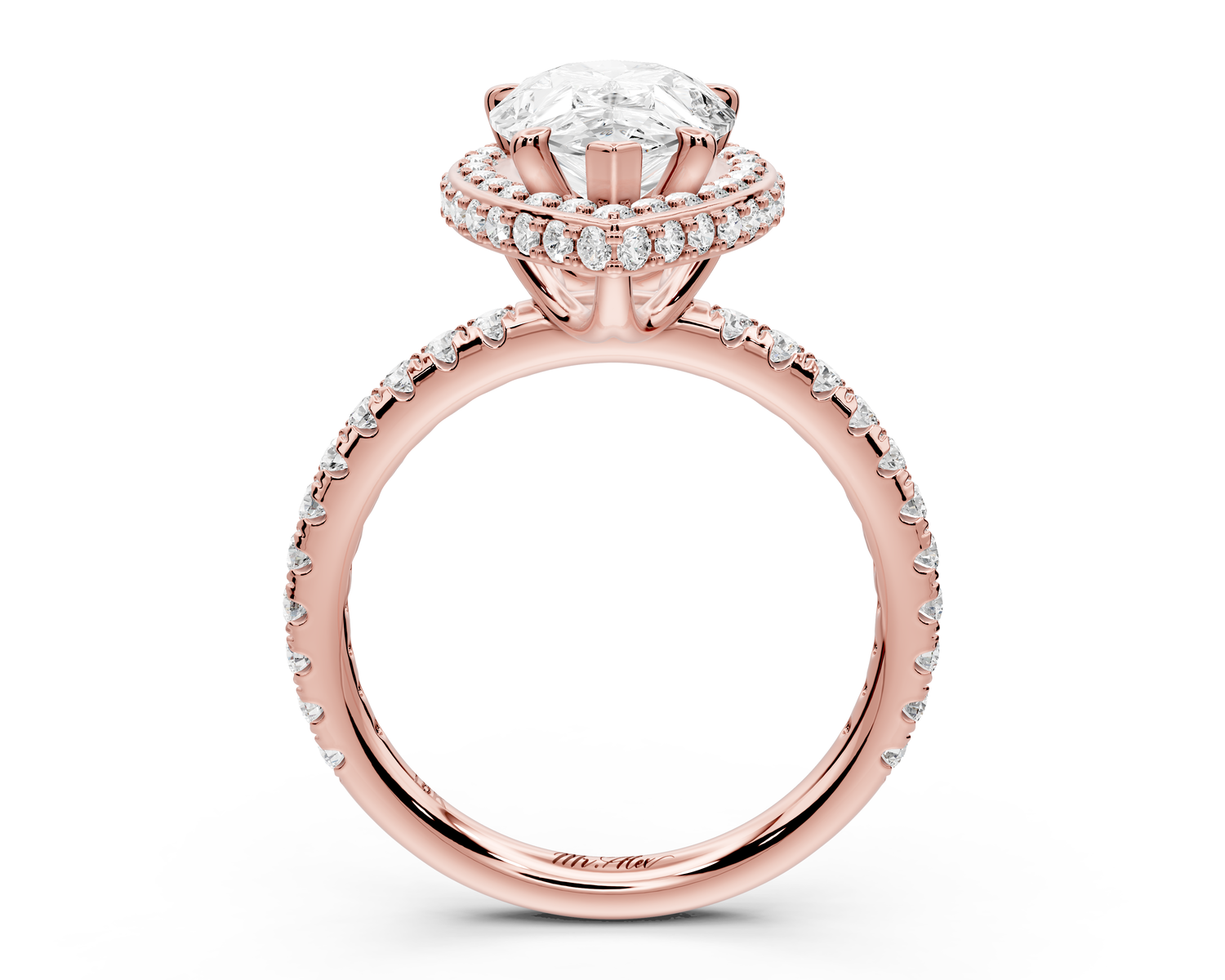 Amelie - 2ct 14k rose gold pear Diamond with Rollover Halo and Pavé Engagement Ring