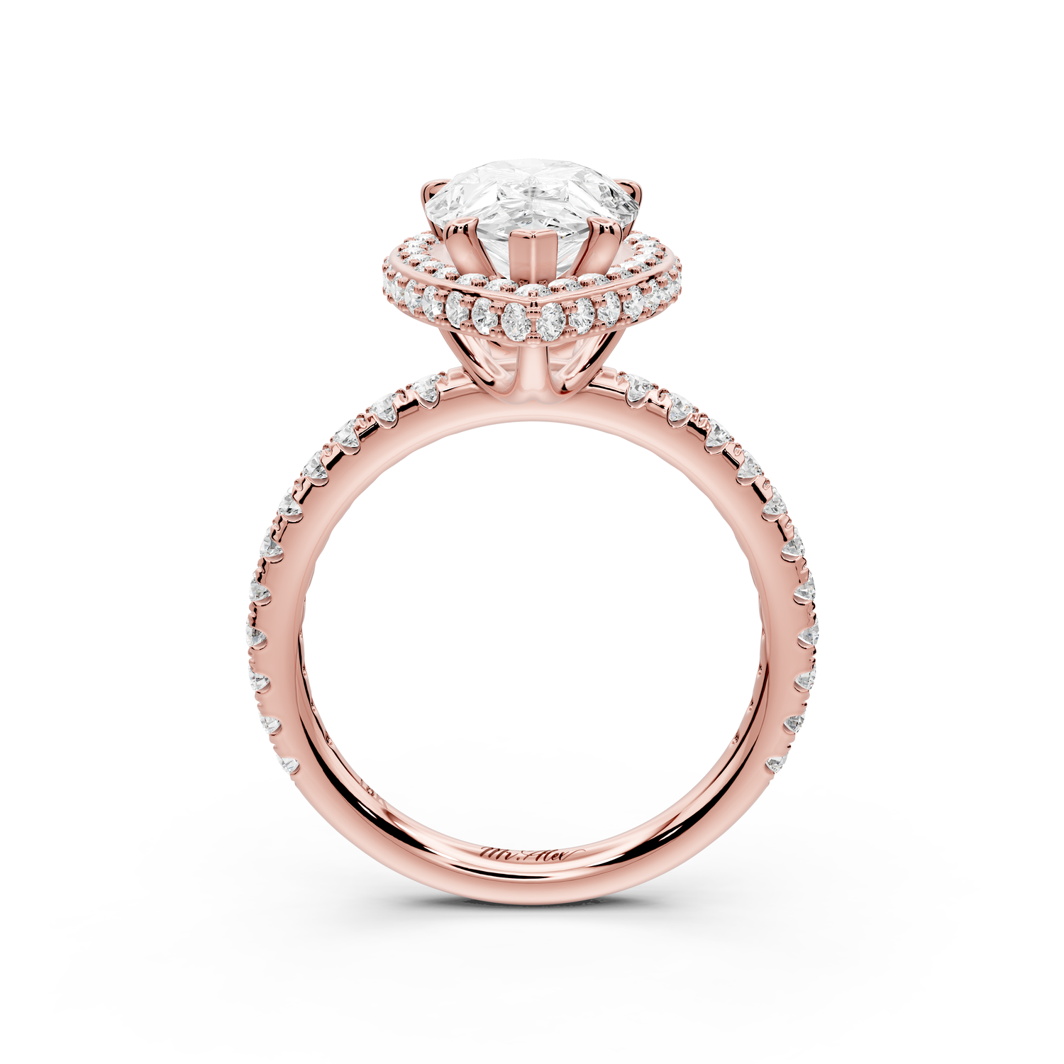 Amelie - 2ct 14k rose gold pear Diamond with Rollover Halo and Pavé Engagement Ring