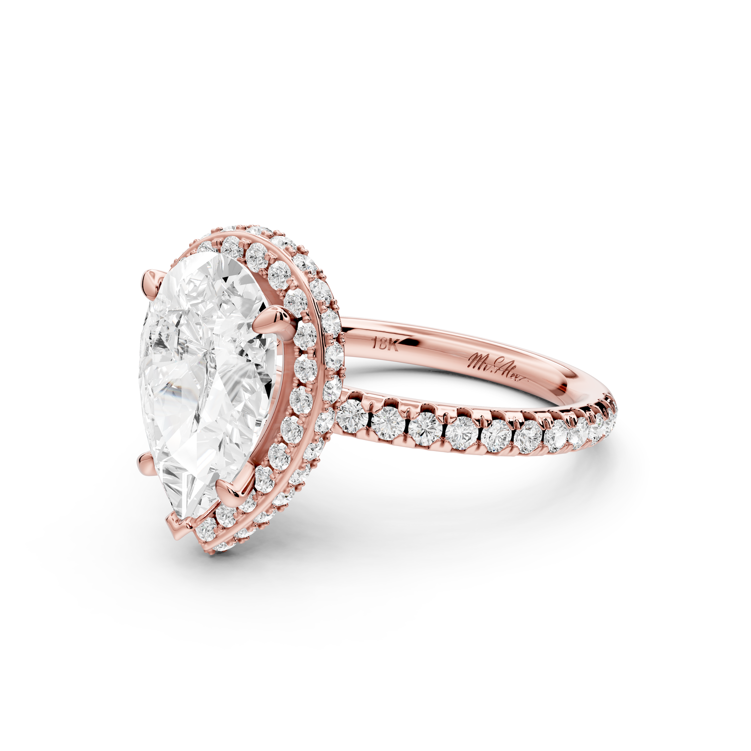 Amelie - 2ct 14k rose gold pear Diamond with Rollover Halo and Pavé Engagement Ring