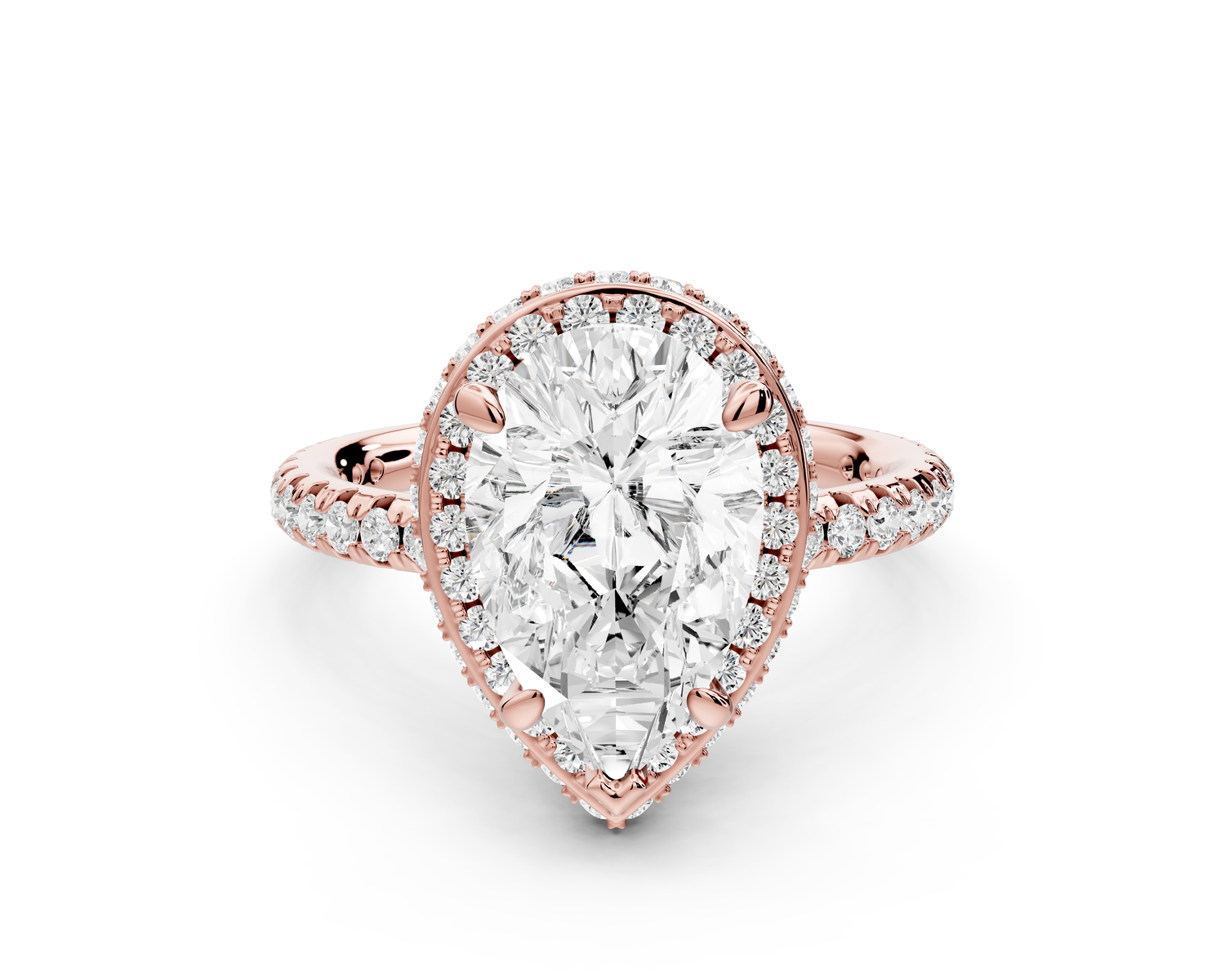 Amelie - 2ct 14k rose gold pear Diamond with Rollover Halo and Pavé Engagement Ring