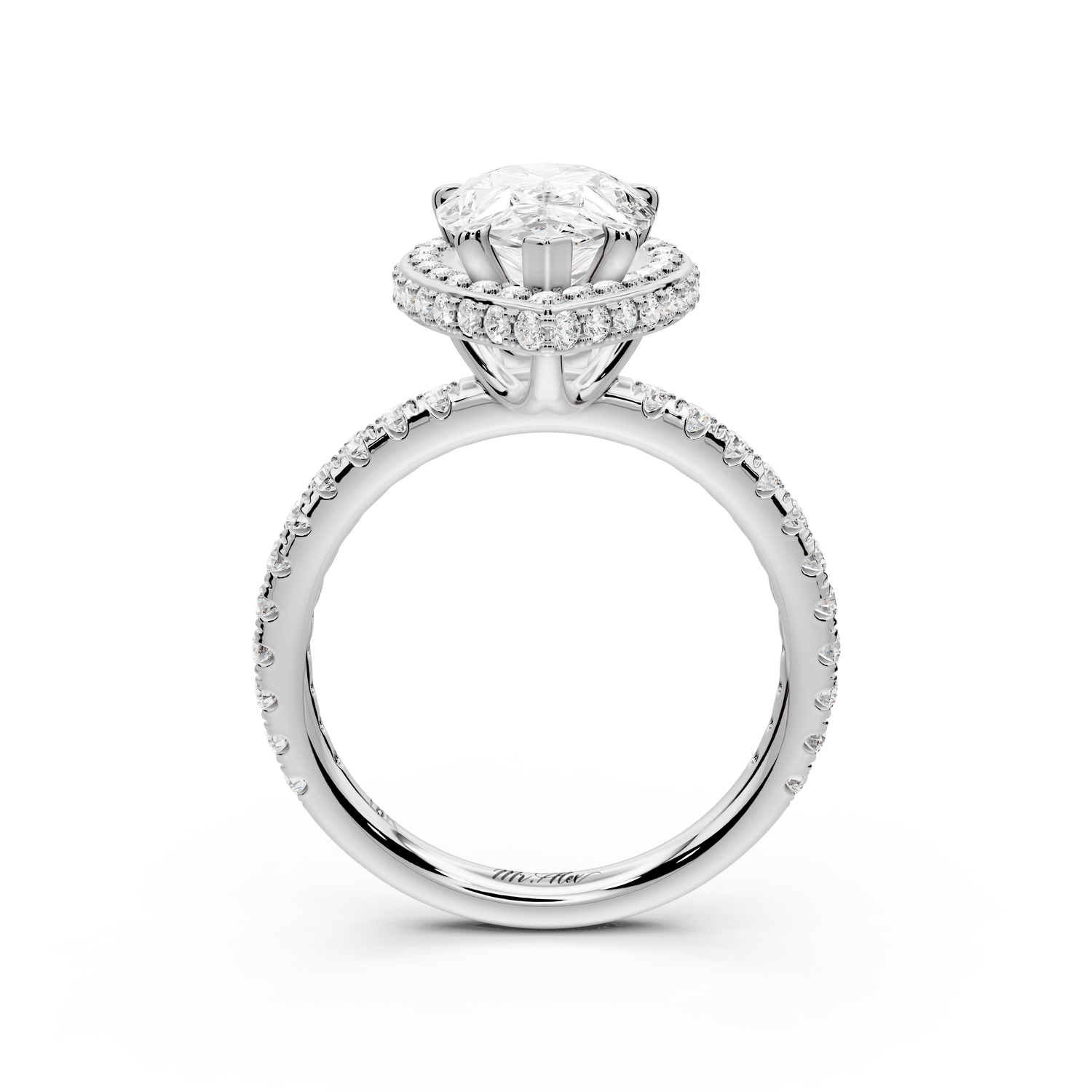 Amelie - 2ct 14k white gold pear Diamond with Rollover Halo and Pavé Engagement Ring