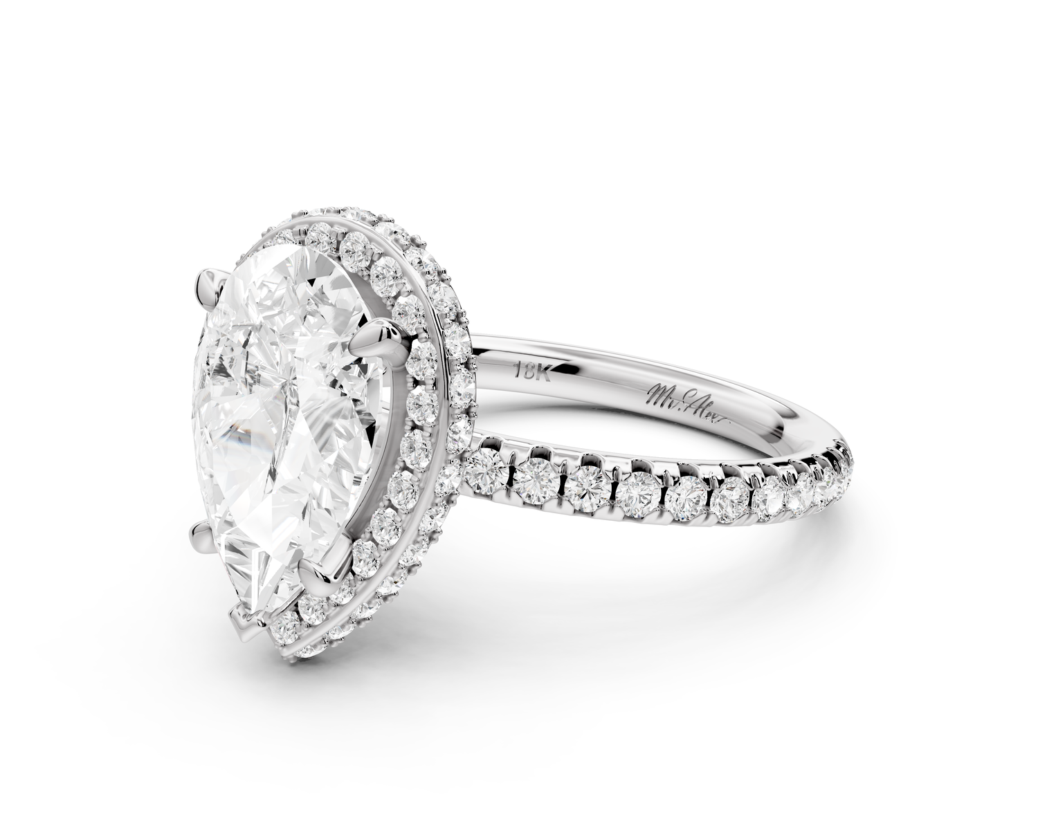 Amelie - 2ct 14k white gold pear Diamond with Rollover Halo and Pavé Engagement Ring