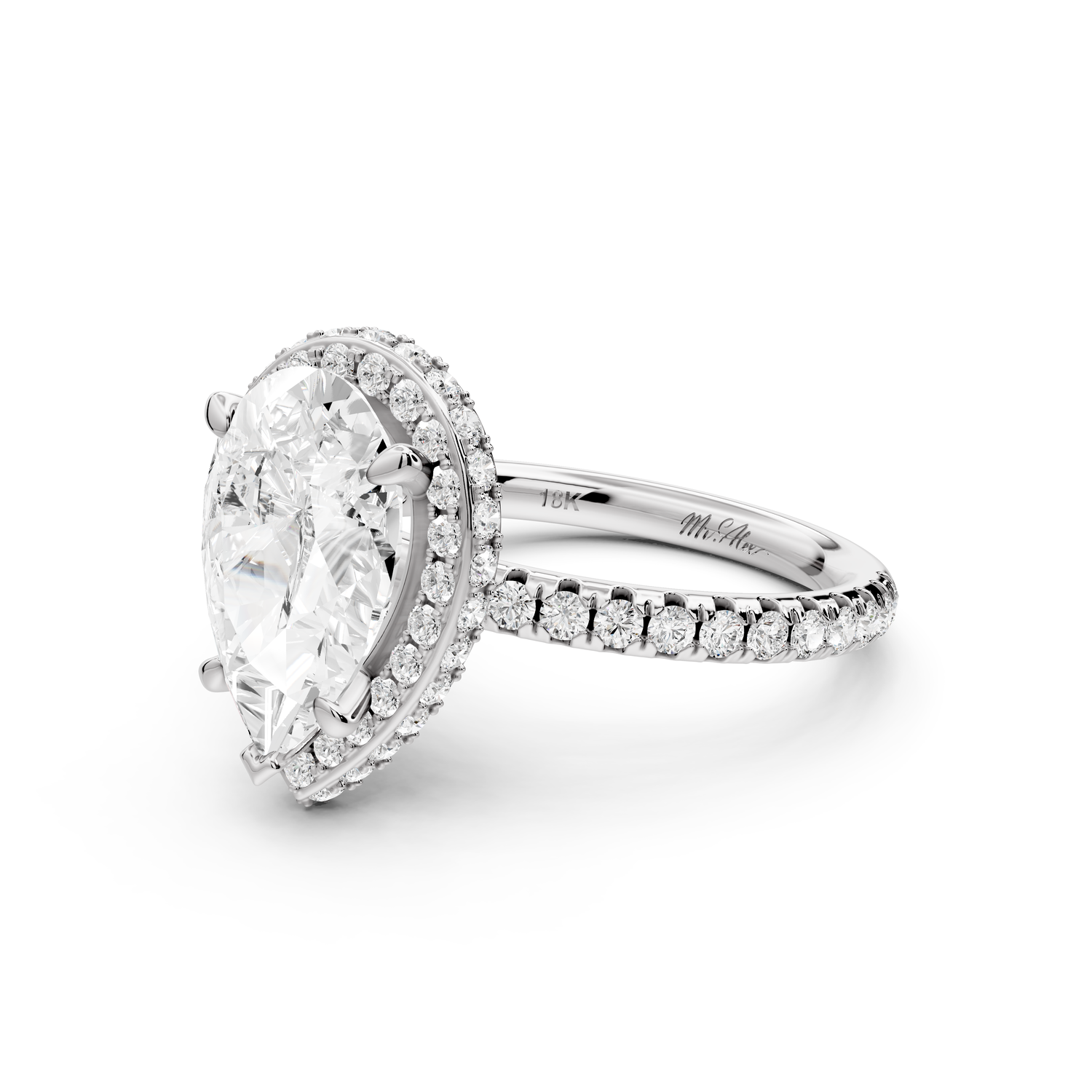 Amelie - 2ct 14k white gold pear Diamond with Rollover Halo and Pavé Engagement Ring