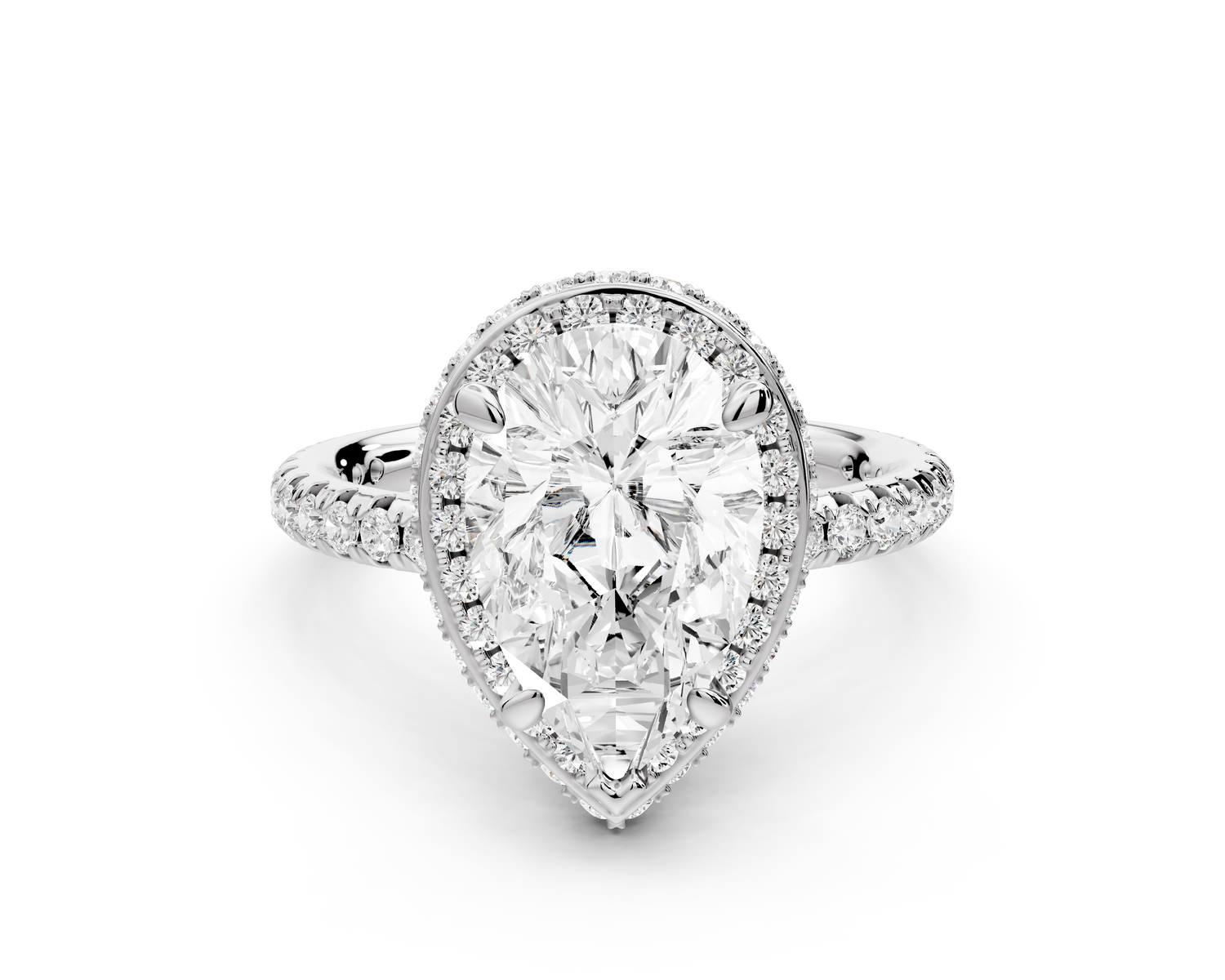Amelie - 2ct 14k white gold pear Diamond with Rollover Halo and Pavé Engagement Ring